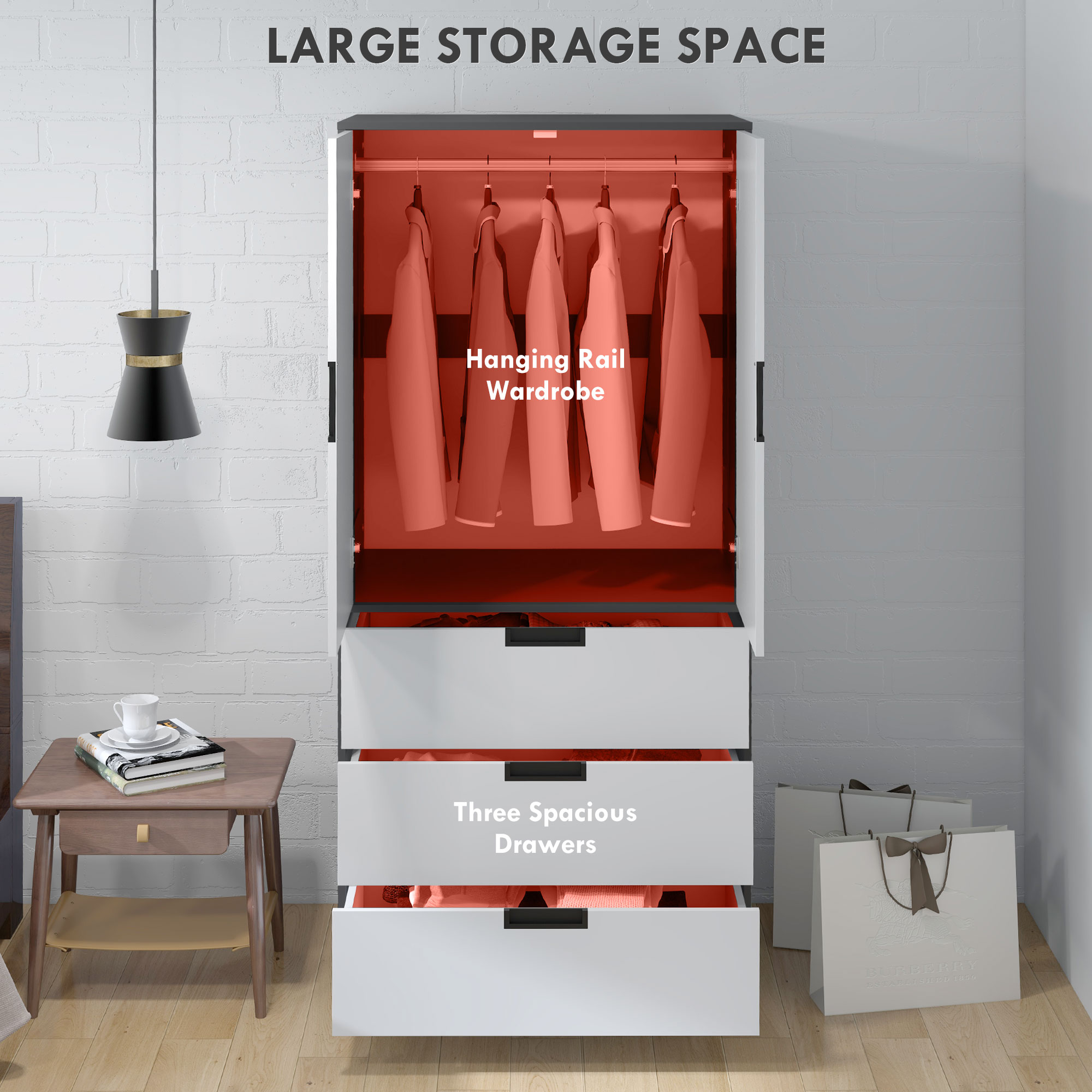 HOMCOM 2 Door Wardrobe, Modern Wardrobe with 3 Drawers and Hanging Rod for Bedroom, Grey 4