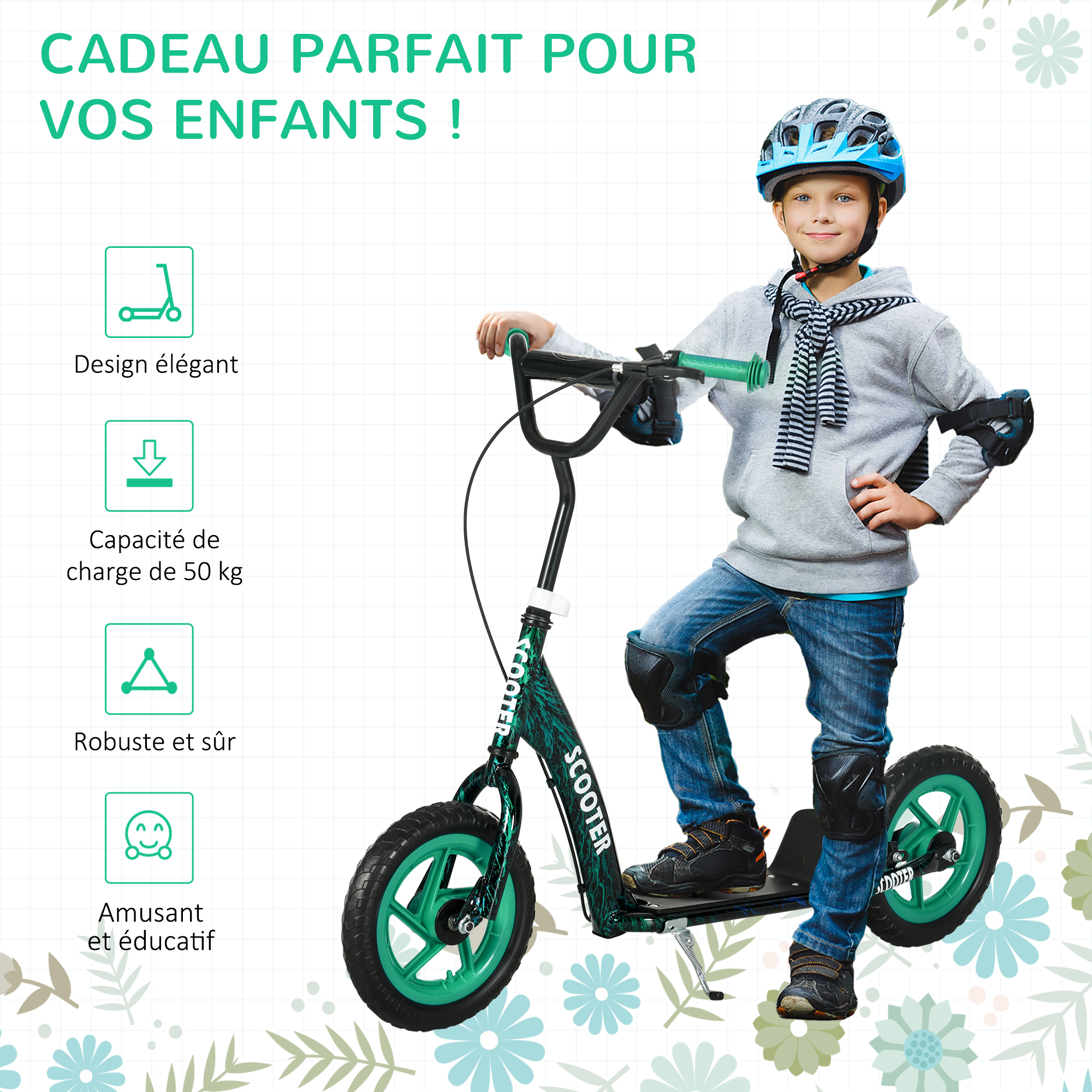 AIYAPLAY Trottinette Enfant 6-12 Ans – Hauteur Réglable, Frein Arrière, Béquille, Grandes Roues EVA – 100-150 Cm