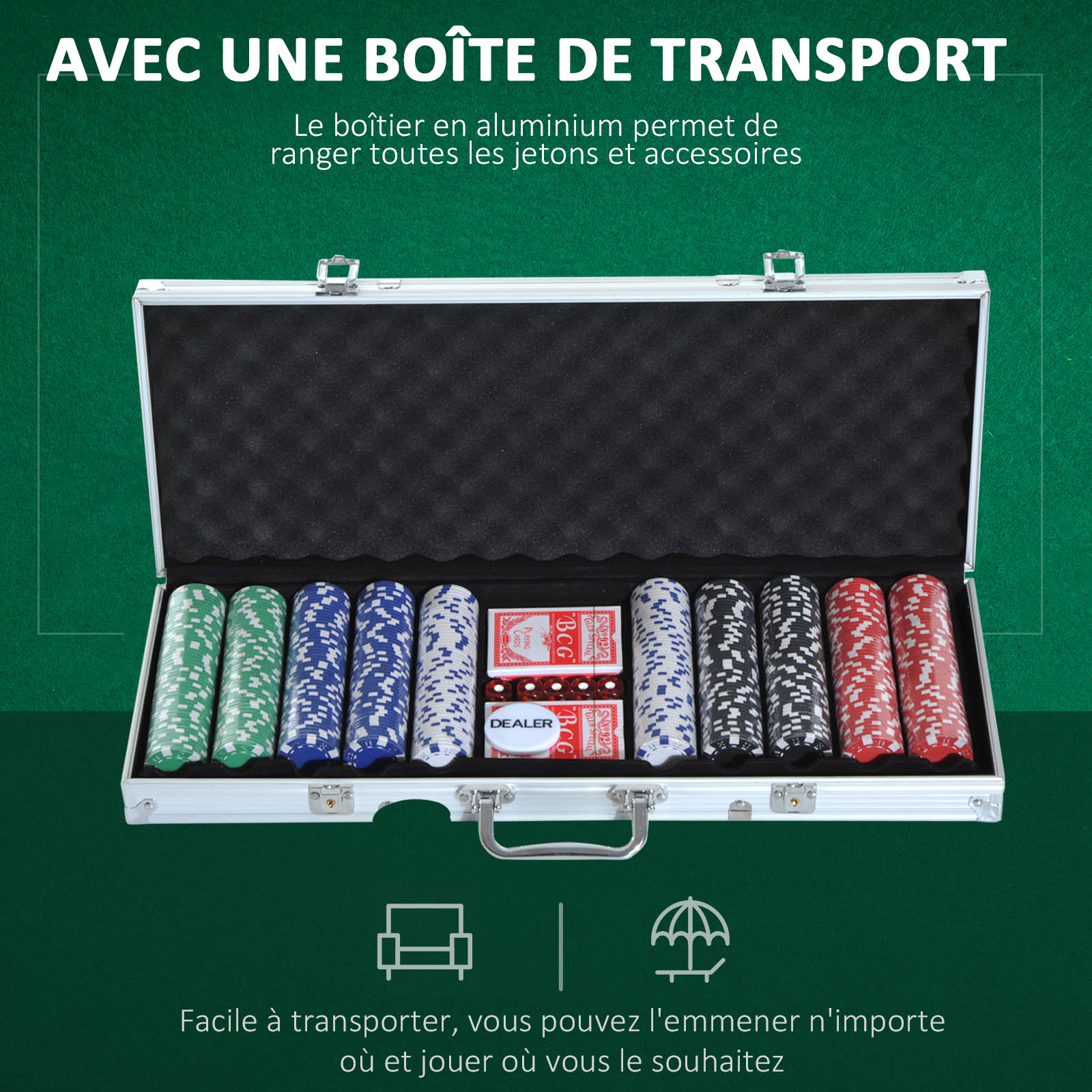 Set De Poker Sportnow - 500 Jetons 14g, 2 Jeux De Cartes, Dés, Boutons - Mallette Aluminium