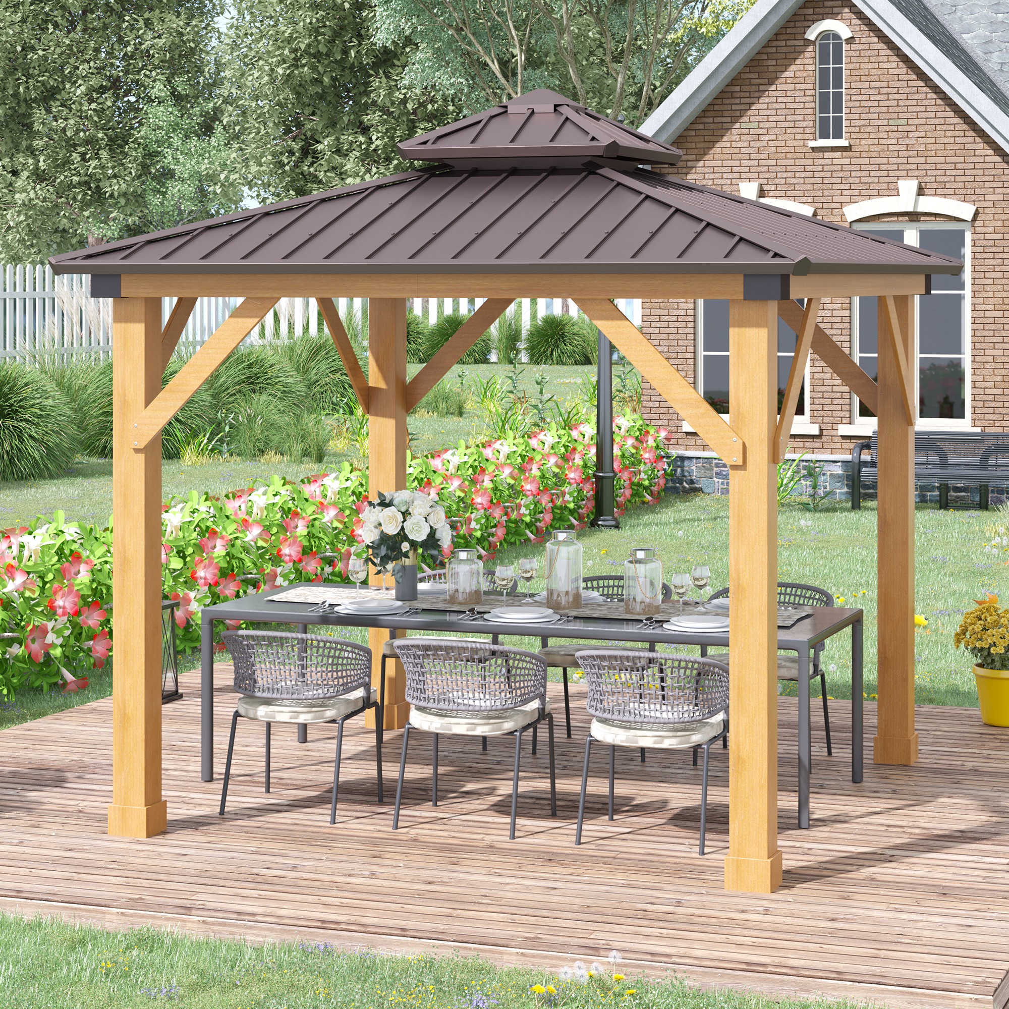 Outsunny 3x(3)M Outdoor Hardtop Gazebo Canopy with 2-Tier Roof and Solid Wood Frame, Outdoor Patio Shelter for Patio, Garden, Brown 2