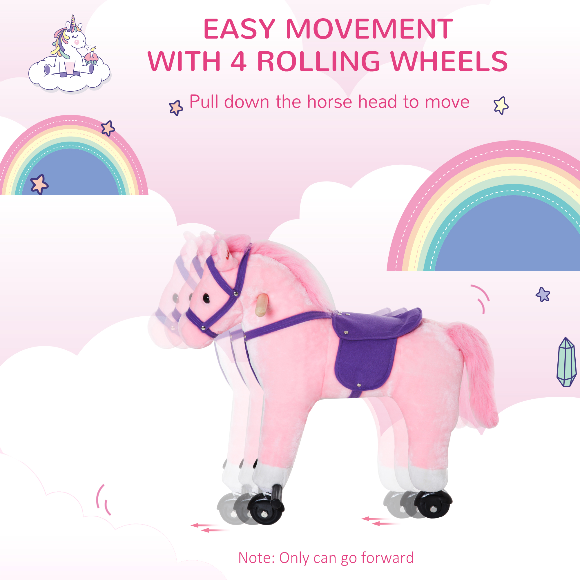 HOMCOM Rocking Horse Kids Ride on Walking Horse Animal Pony Wheeled Riding Plush Toy w/Sound for 2 Years and Up (Pink) 6