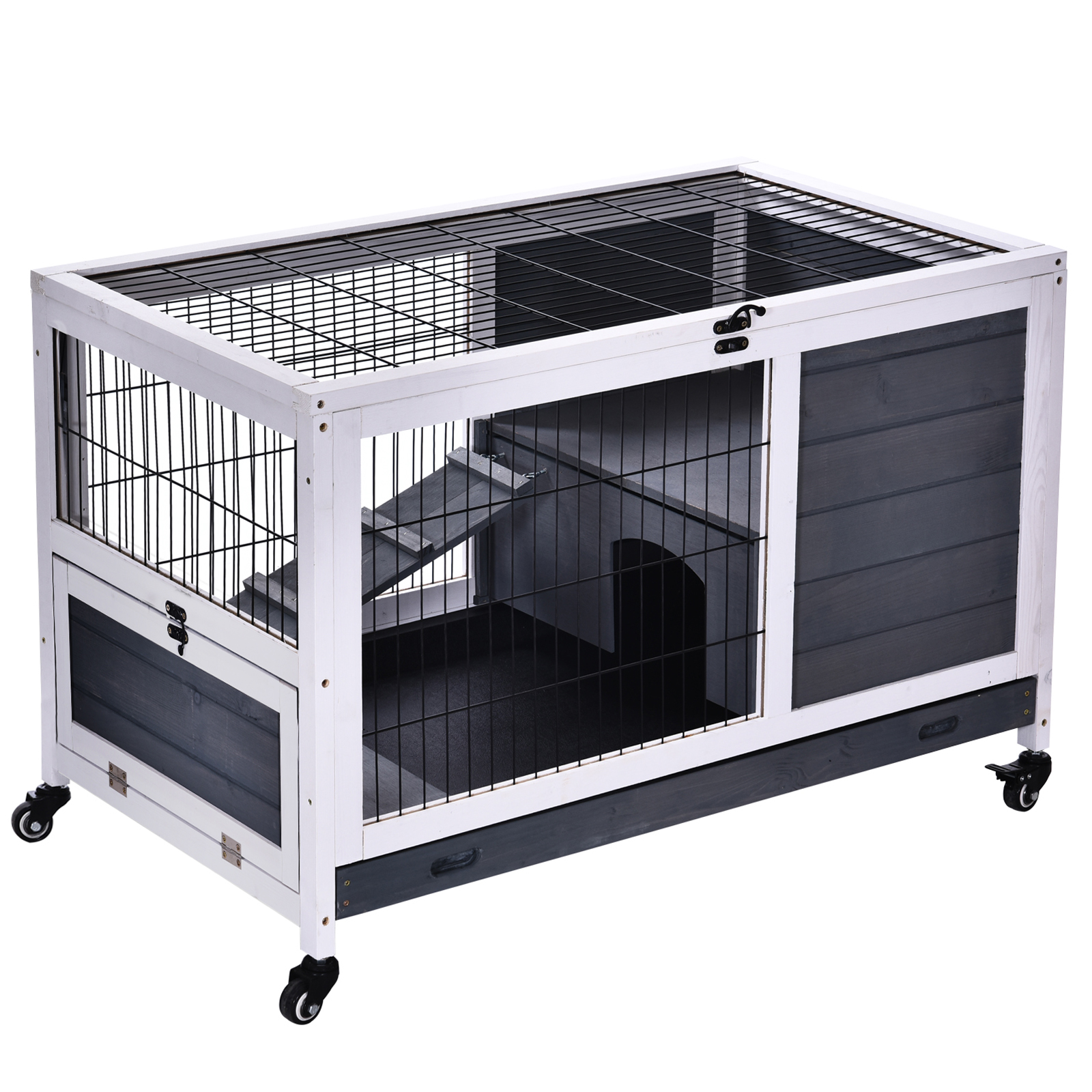 Meilleurs prix pour Clapier à lapin sur roulettes cage à lapin 2 étages porte verrouillable toit ouvrant plateau coulissant rampe bois de sapin gris blanc
