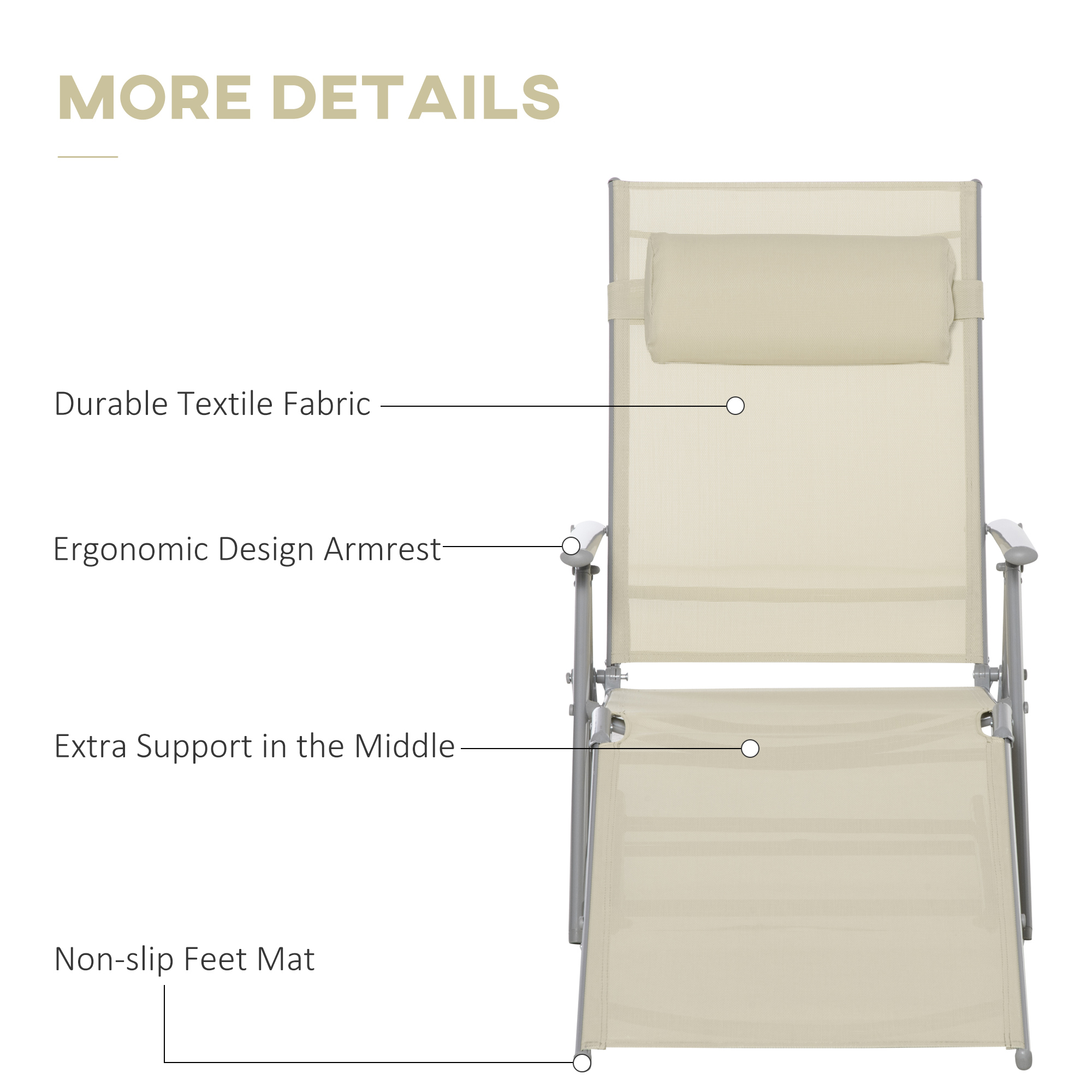 Outsunny Steel Fabric Sun Lounger Outdoor Folding Chaise Lounge Chair Recliner with Portable Design & 7 Adjustable Backrest Positions Beige 5