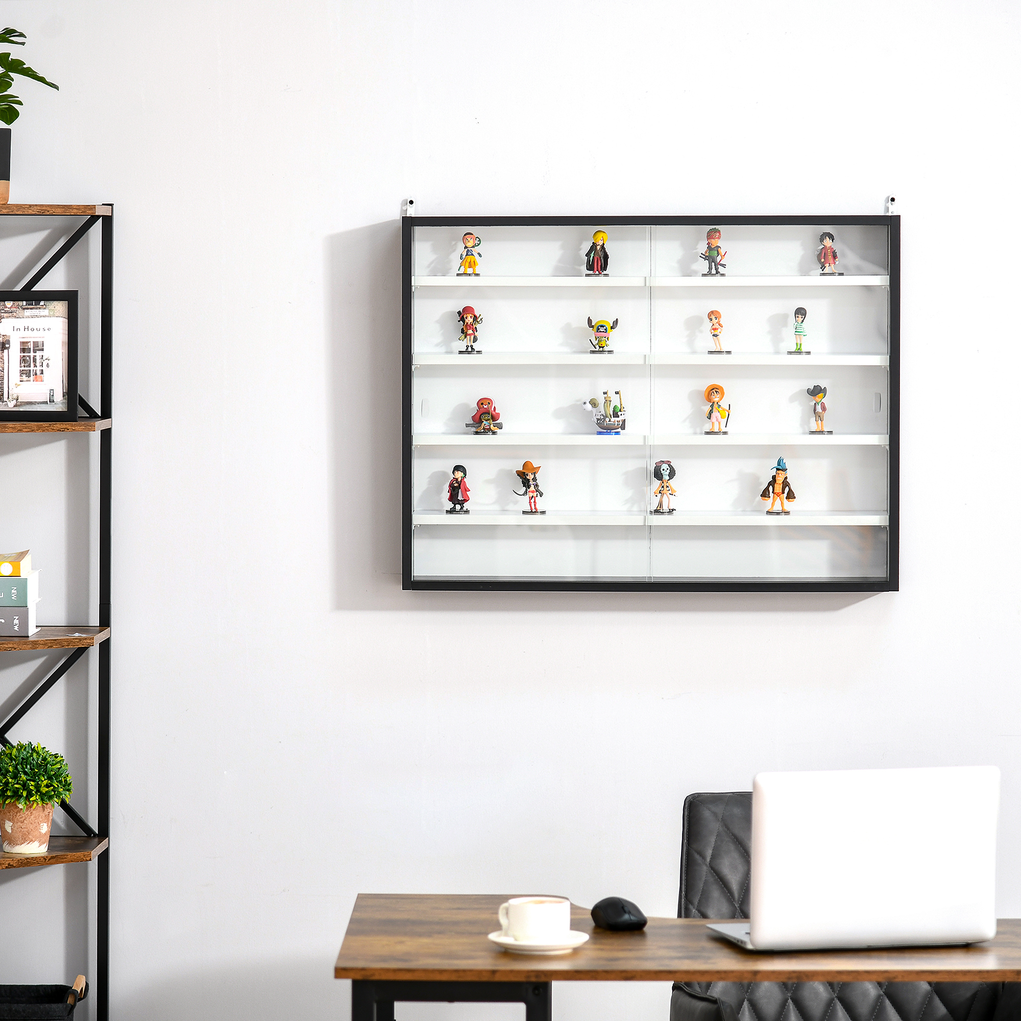 Vitrine Murale HOMCOM 6 étagères Réglables 80x9,5x83 Cm - Verre Coulissant, Panneau Particules, Pour Collections, Décorations