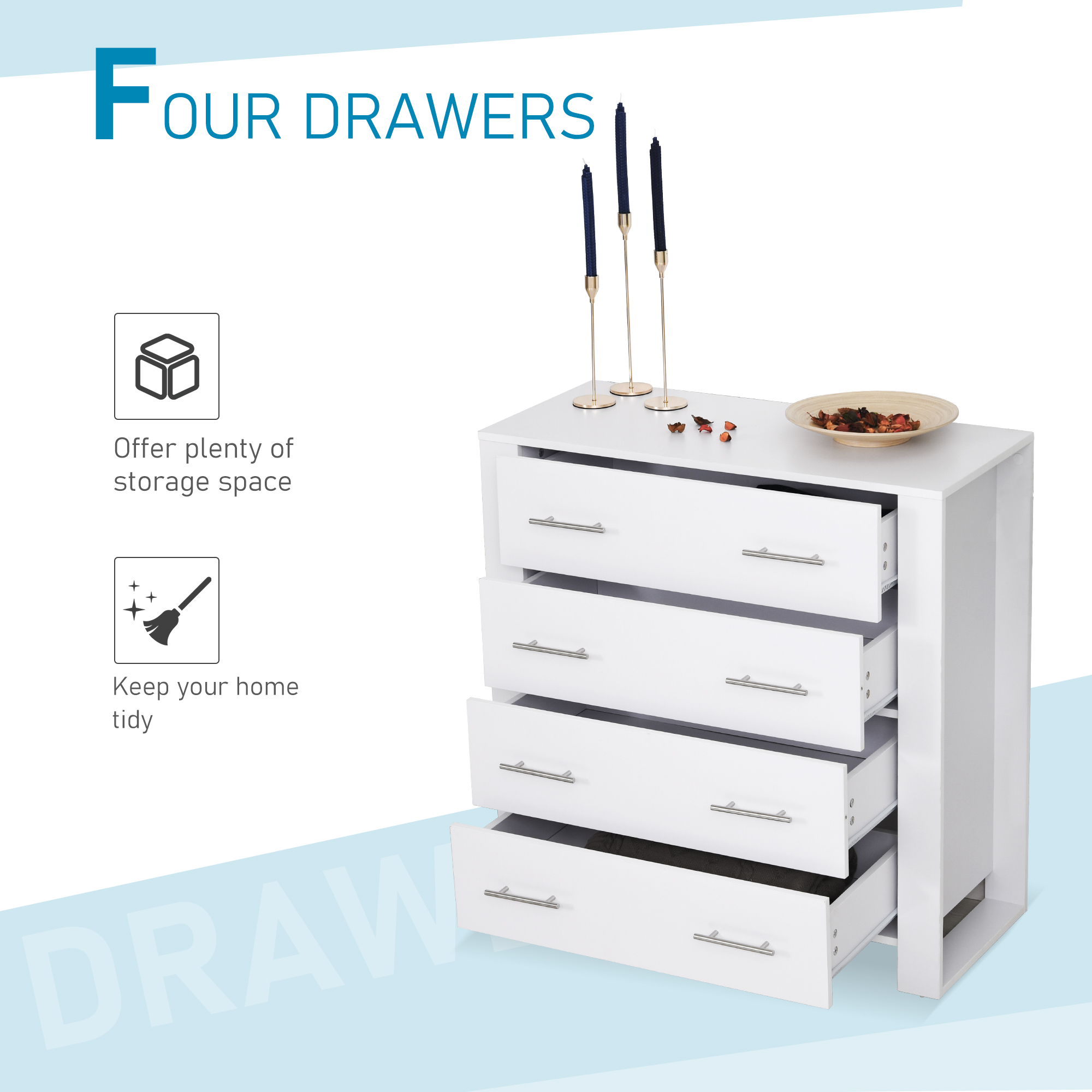 HOMCOM Chest Of 4 Drawers Storage Cabinet Bedroom Clothes w/Metal Handles Base Freestanding Unit Furnishing Living Room White 5