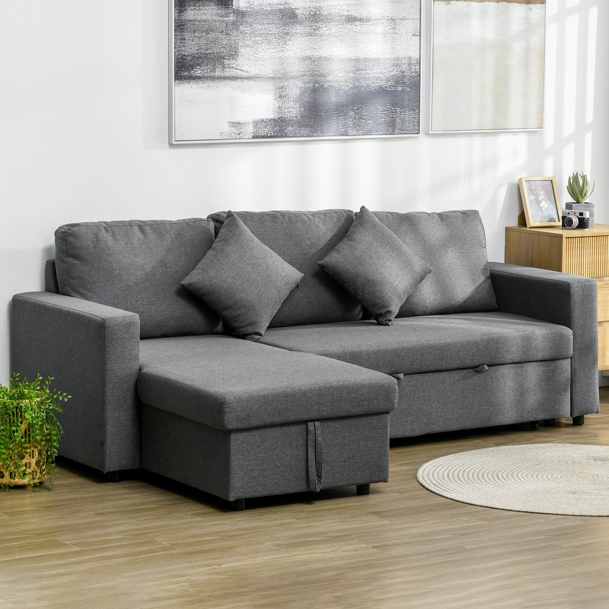 HOMCOM Corner Sofa Bed with Storage, Seater Pull Out Sofa Bed