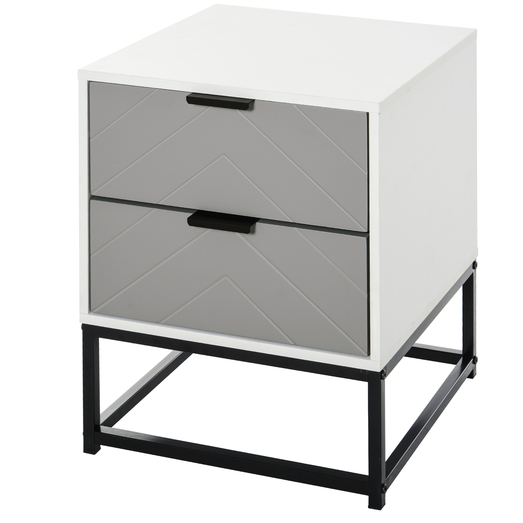 HOMCOM Mesita de Noche Mesa Auxiliar con 2 Cajones y Base Elevada de Metal para Dormitorio Cama Salón 39,5x40x48 cm Blanco y Gris   Aosom España