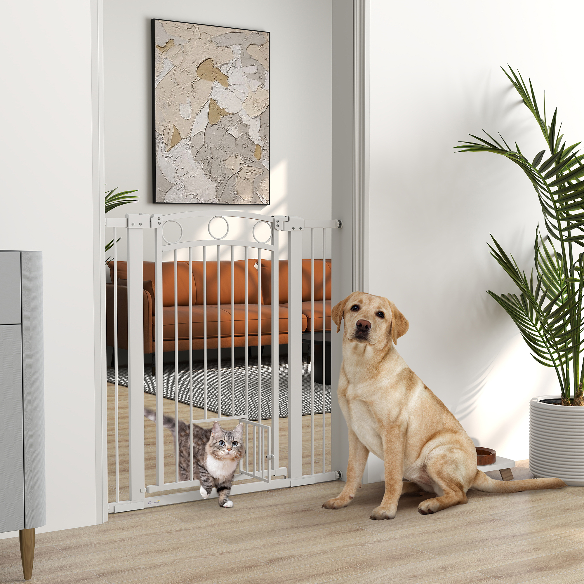 PawHut 96cm Tall Dog Gate with Cat Door, 7cm and 14cm Extensions, for Stairs, Doorways, 76-104cm Width