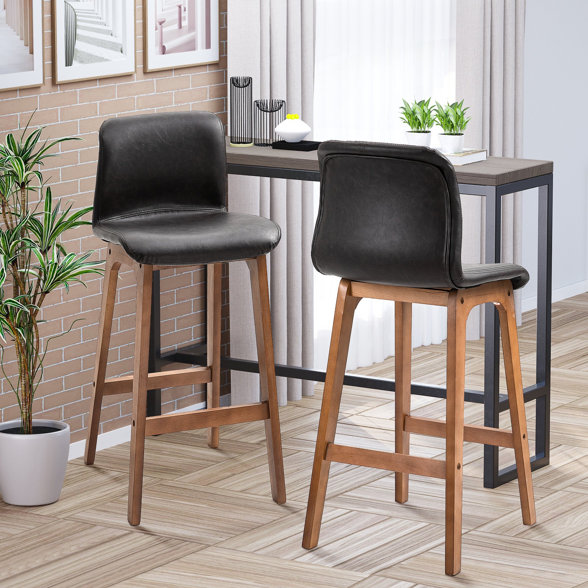 HOMCOM Modern Bar Stools Set of 2, PU Leather Upholstered Bar Chairs with Wooden Frame, Footrest for Home Bar, Dining Room 2