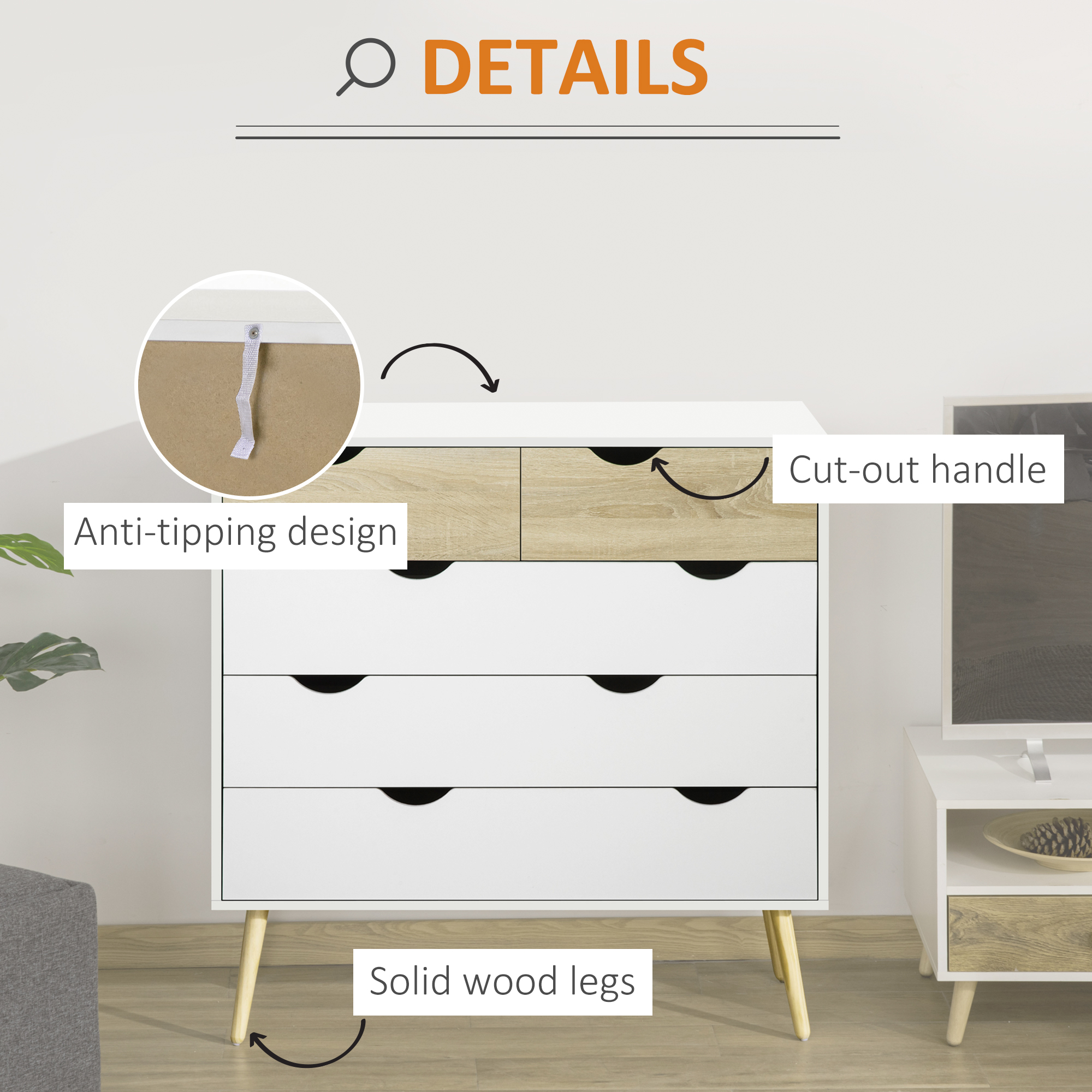 HOMCOM Nordic Style Chest of Drawers, 5 Drawer Dresser with 4 Tapered Legs and Groove Handles, Storage Organiser Side Cabinet for Bedroom, Living Room 5