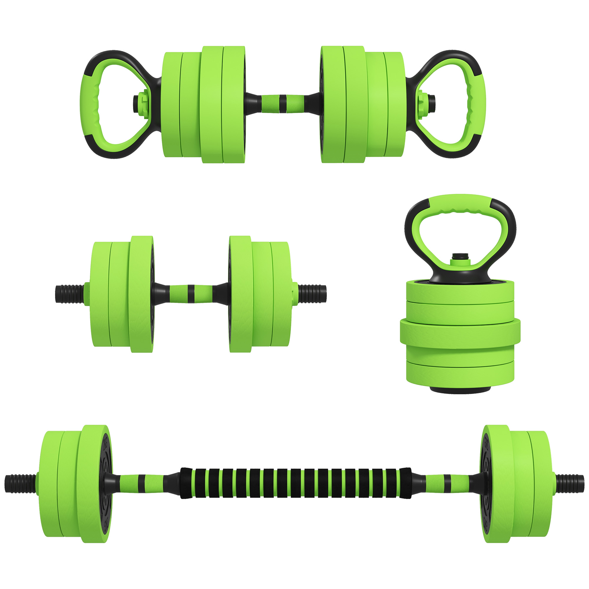 SPORTNOW 40kg Four-In-One Adjustable Weight Dumbbells Set, Barbell, Kettlebell, Push Up Stand - Green Aosom UK
