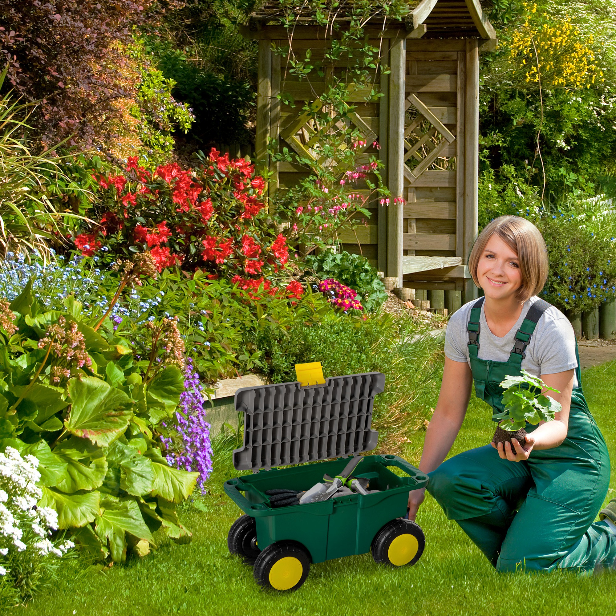 Tabouret De Jardin 2 En 1 – Caisse à Outils Avec Rangement Verrouillable – 4 Roues Et Poignées – Charge 75 Kg – PP Gris, Jaune, Vert – Pour Bricolage Et Jardinage