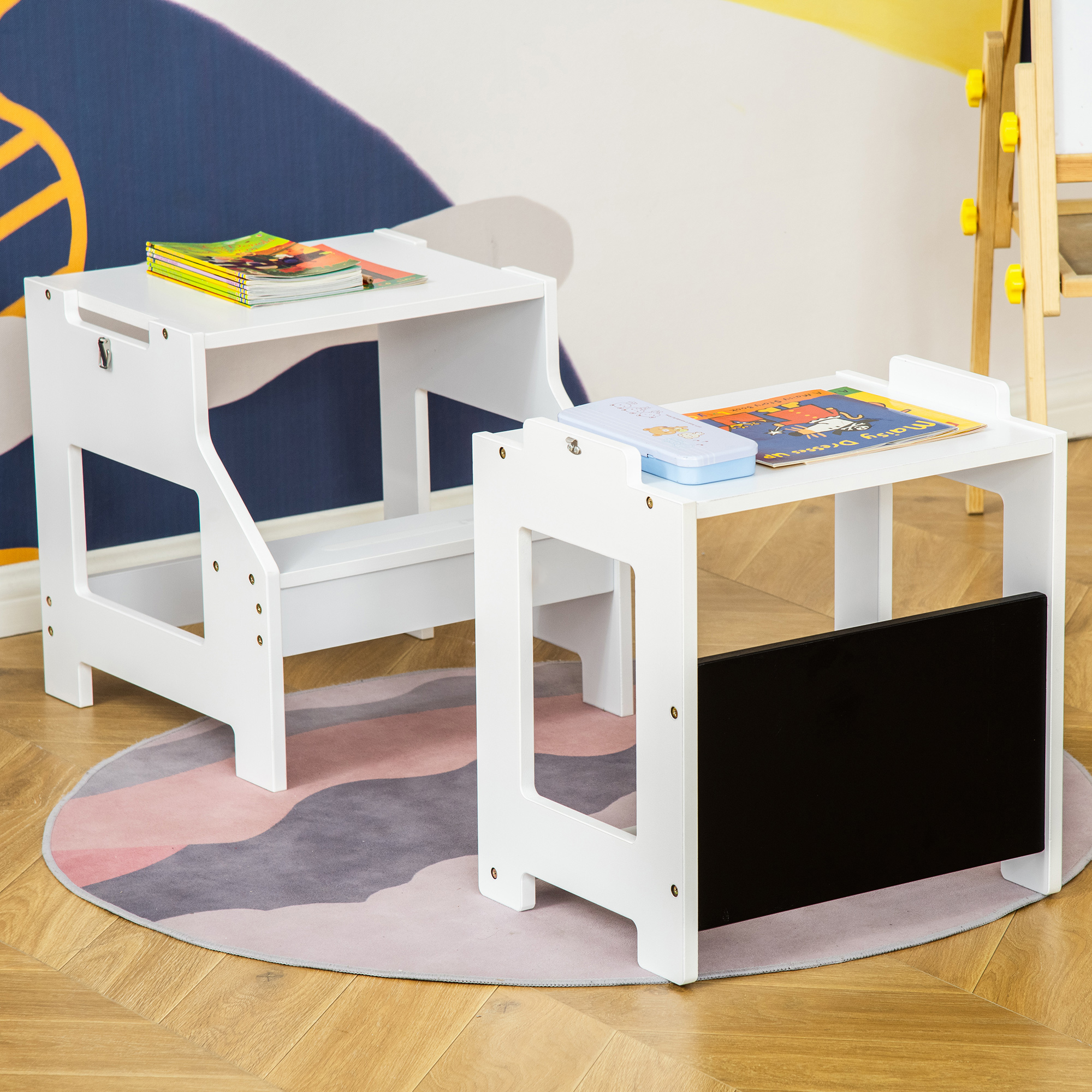 HOMCOM 2 in 1 Kids Kitchen Step Stool with Safety Rail Toddler Steps with Chalkboard for Kitchen Bathroom, White 9