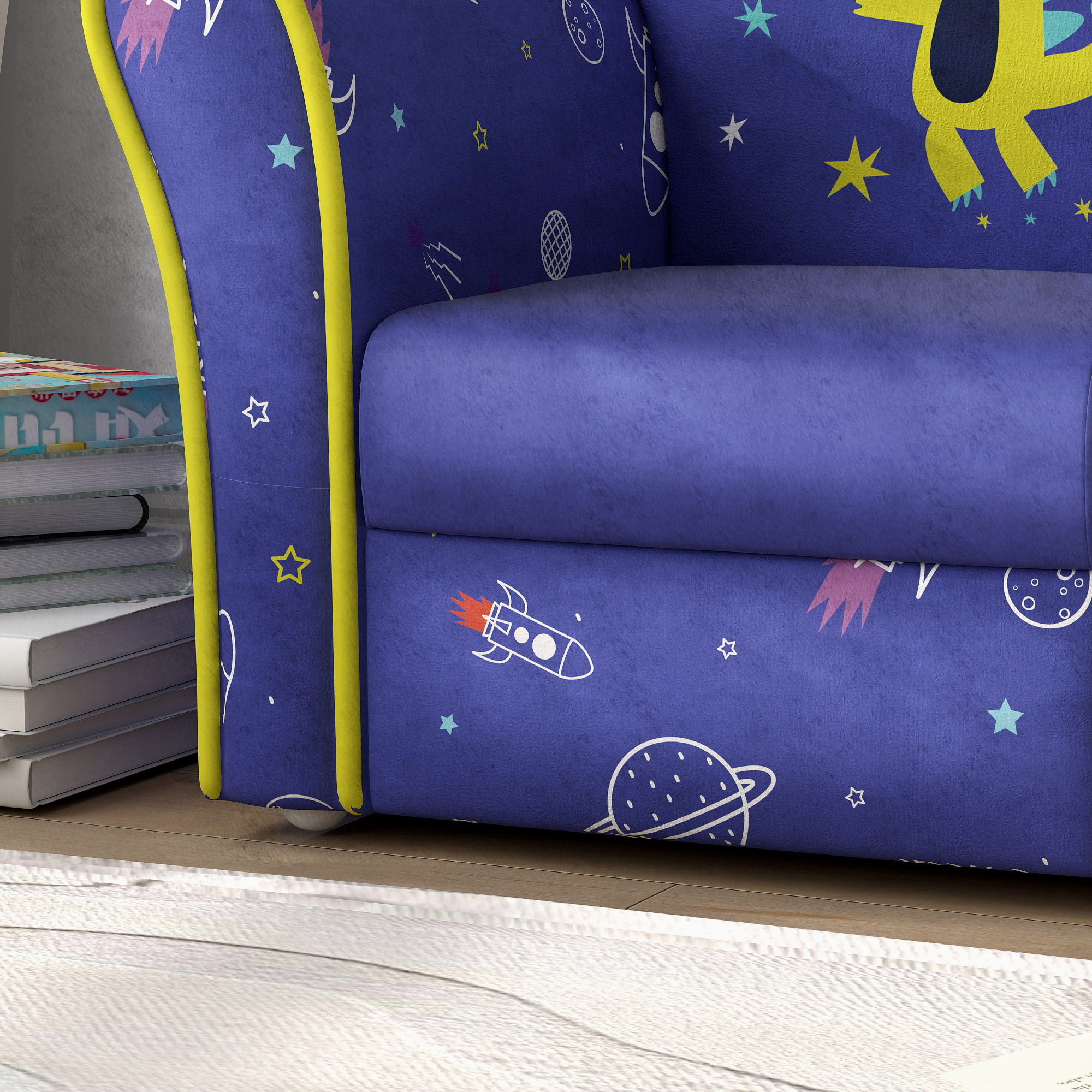 AIYAPLAY Kids Armchair with Planet Dinosaurs Design, Wooden Frame, for Bedroom, Playroom, Kids Room Blue 9