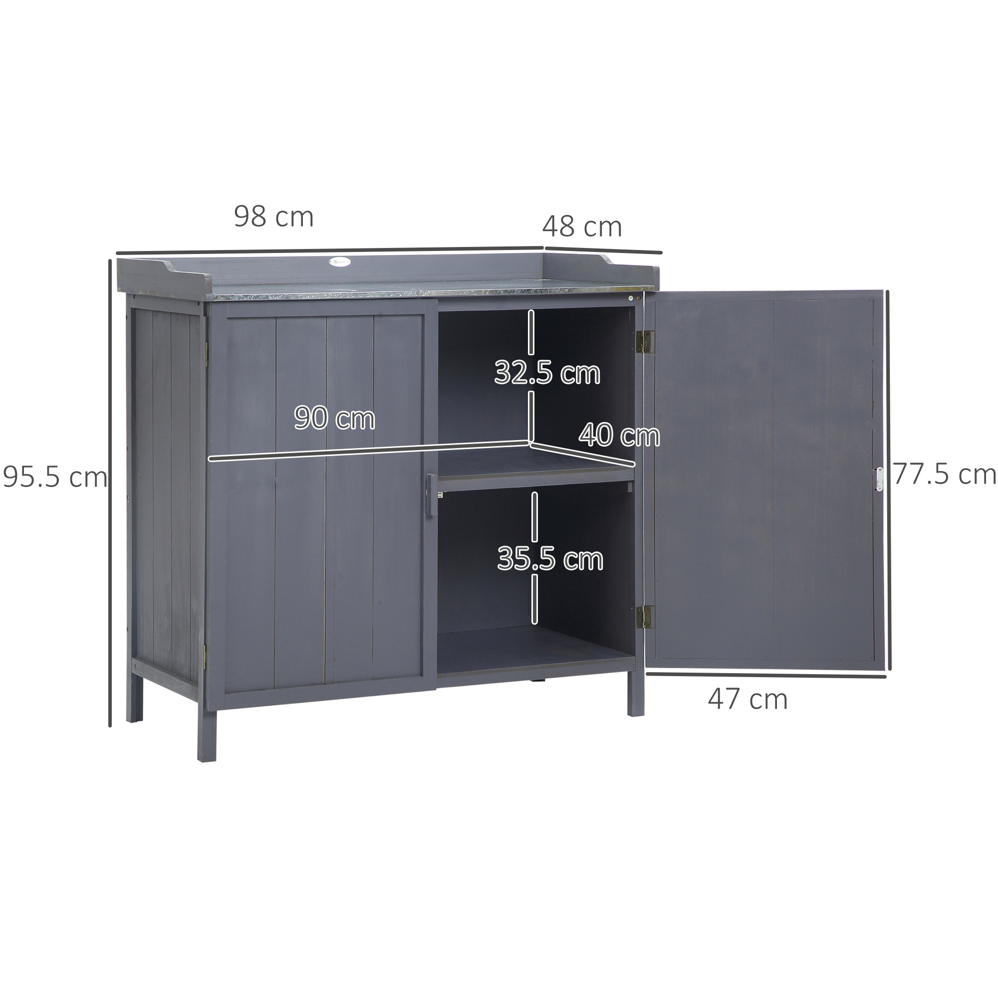 Outsunny Wood Garden Storage Cabinet, Outdoor Tool Shed, Potting Bench Table with Galvanized Top and Two Shelves for Yard Tools or Pool Accessories, Grey 3