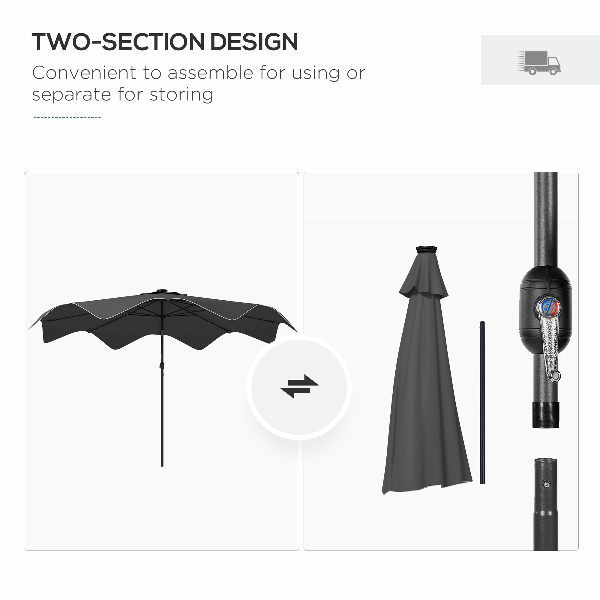 Outsunny Solar Patio Umbrella with LED and Tilt, Outdoor Market Table Umbrella Parasol with Crank, 3 x 3 (m), Dark Grey 8
