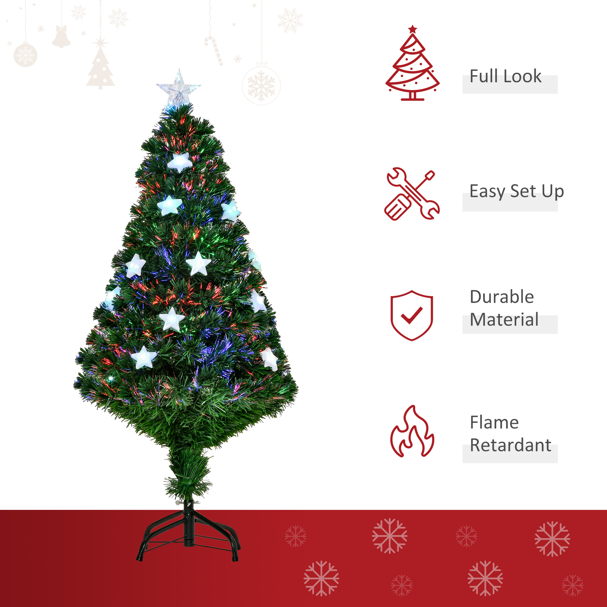 HOMCOM 4FT Prelit Artificial Christmas Tree Fibre Optic Star LED Light Holiday Home Xmas Decoration with LED Light for Indoor Party, Green 4