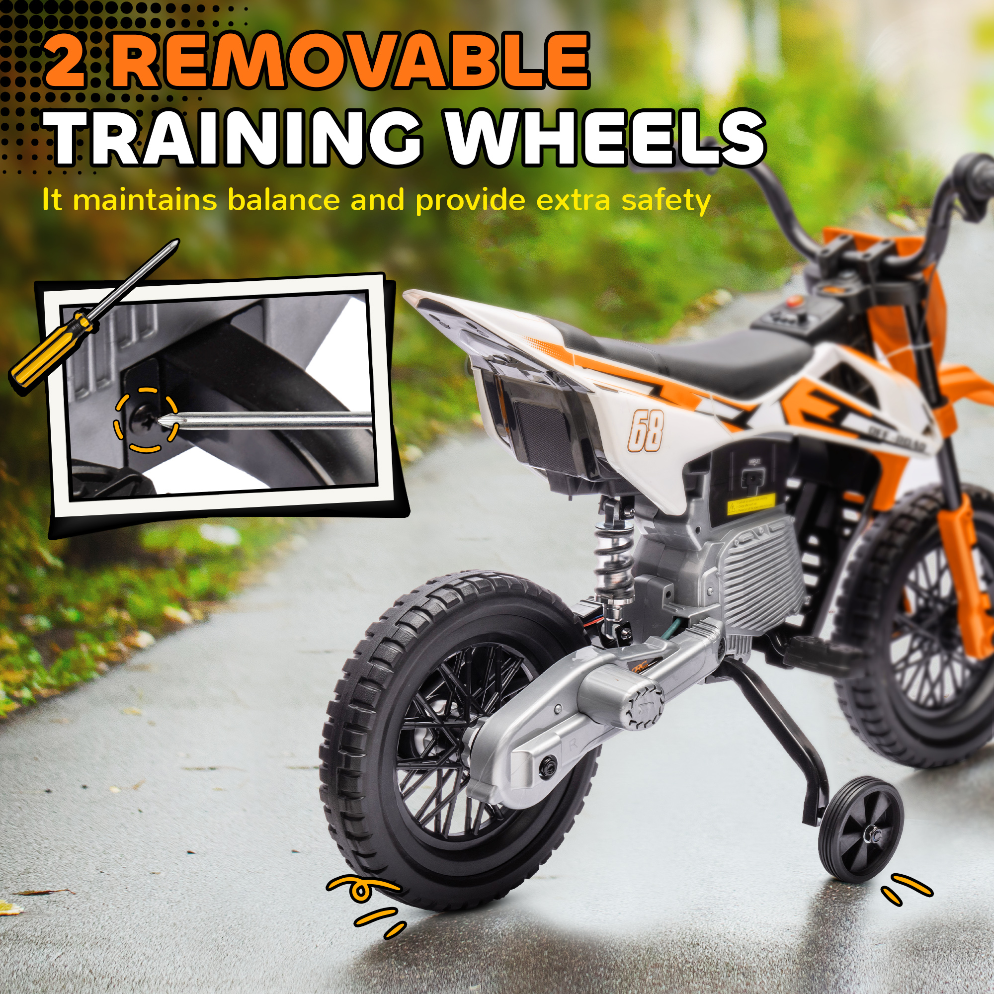 AIYAPLAY 12V Kids Electric Motorbike, Kids Electric Ride on motorcycle w/ Twist Grip Throttle, Training Wheels, Orange 5