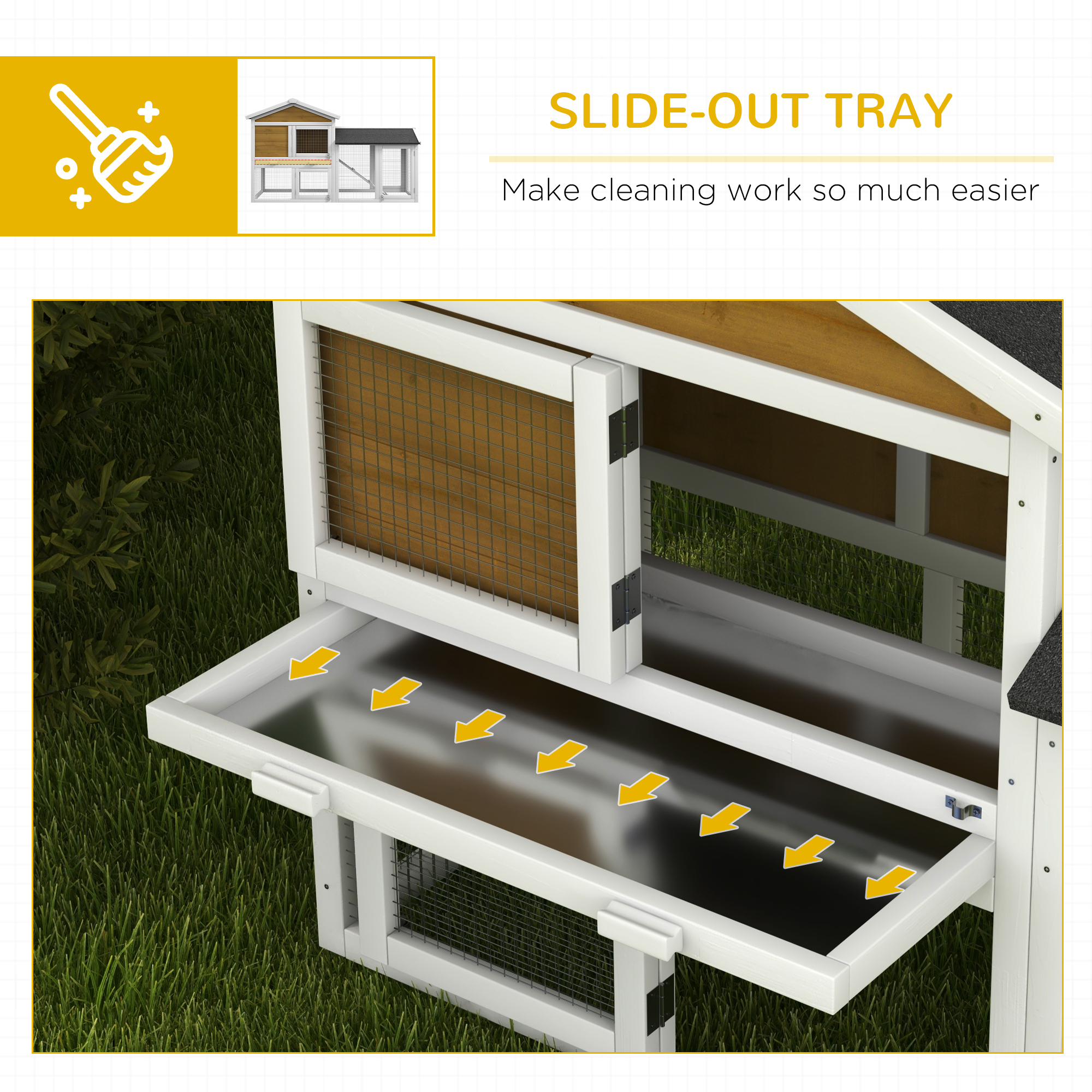 PawHut Wooden Rabbit Hutch Outdoor, Double Tier with Water-Resistant Roof, Ramp 147 x 54 x 84 cm, Yellow 6