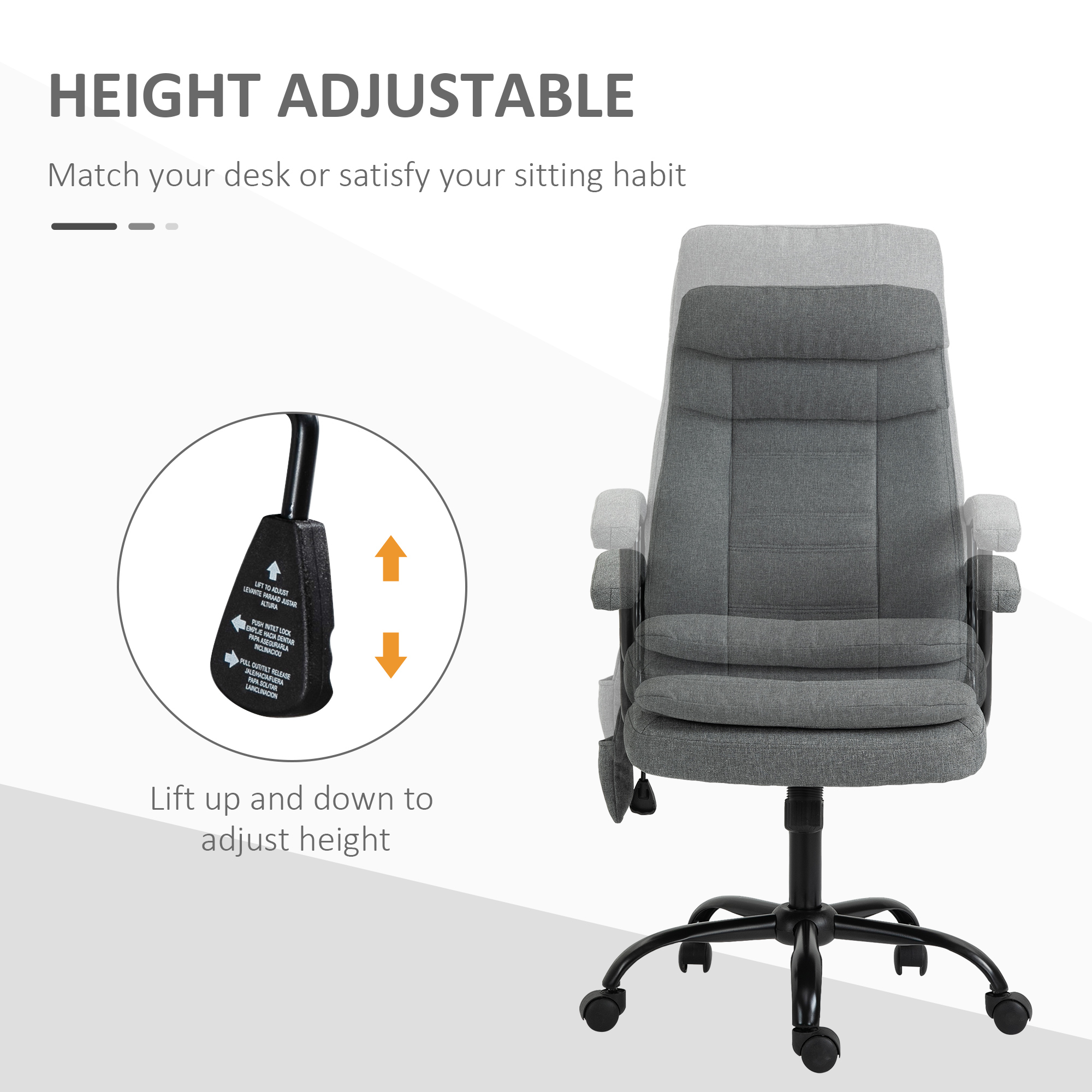 Vinsetto Office Chair, Linen Fabric Desk Chair with 2 Point Massage in Lumbar, Adjustable Height, Rolling Wheels, Grey 6