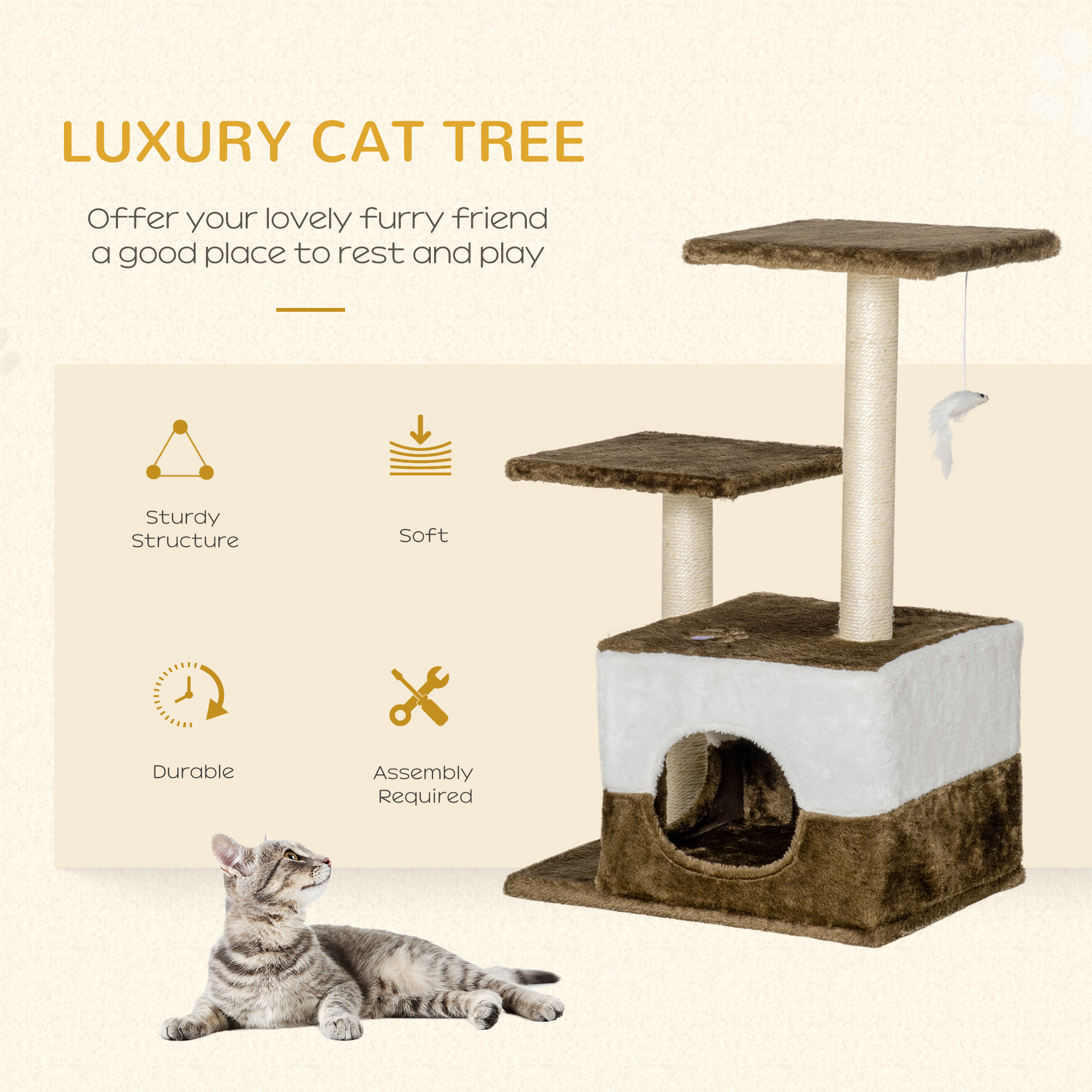 PawHut Cat Tree Tower for Indoor Cats Kitten House Scratching Posts with Condo Perch Interactive Mouse Toy, 45 x 33 x 70 cm, Brown 4