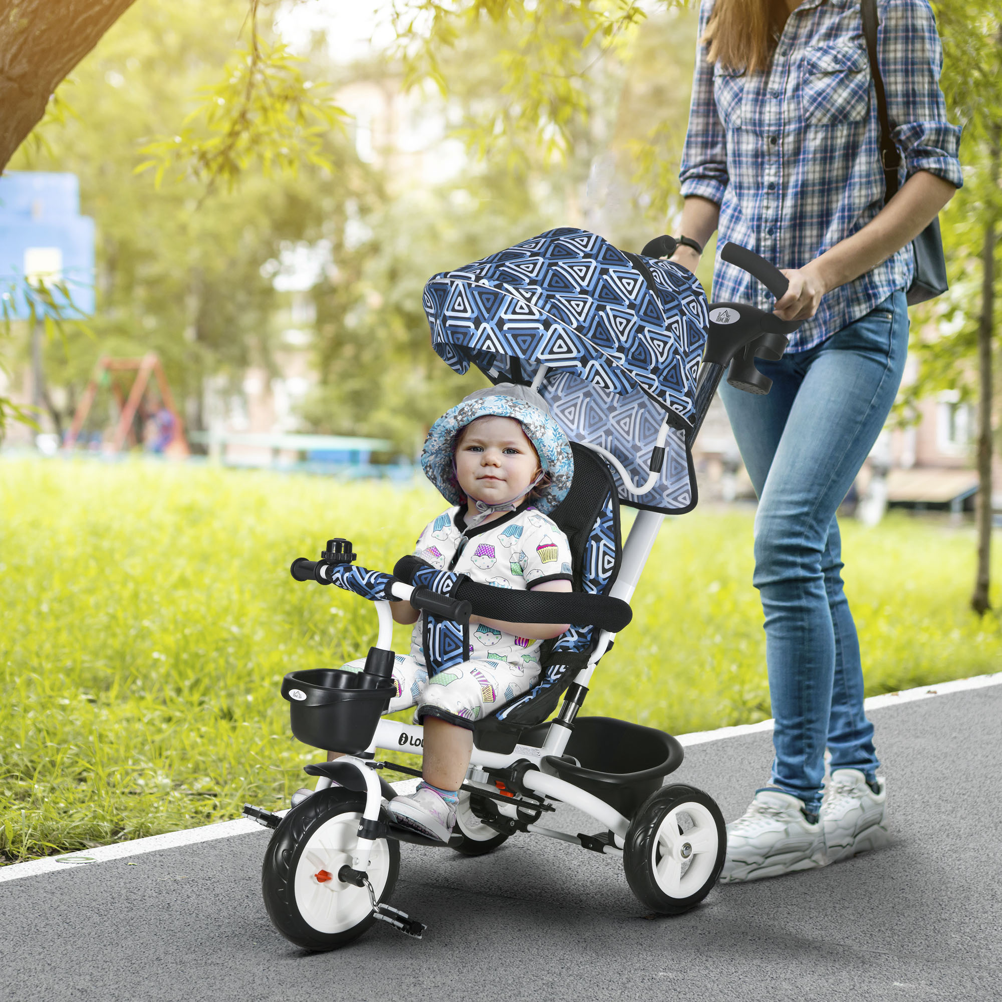 HOMCOM Metal Frame 6 in 1 Baby Push Tricycle with Parent Handle for 1-5 Years Old, Light Blue 2