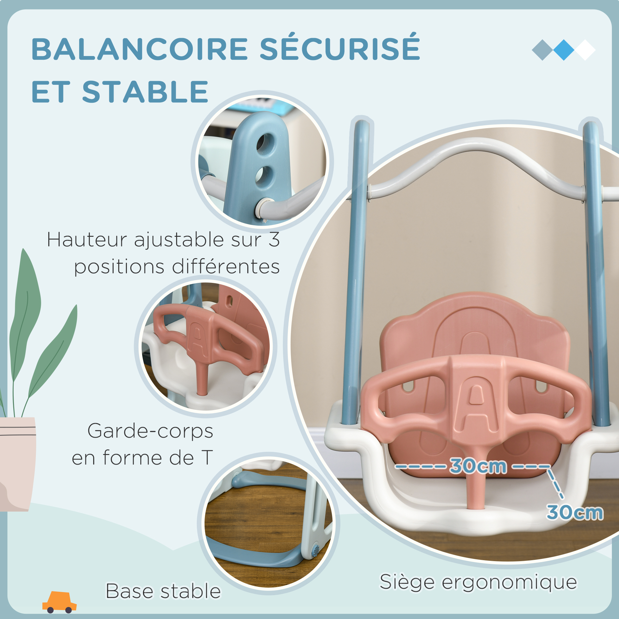 HOMCOM Toboggan enfant avec panier de basket-ball pliable 18 mois à 6 ans usage intérieur extérieur en HDPE 140 x 87 x 75 cm bleu et gris