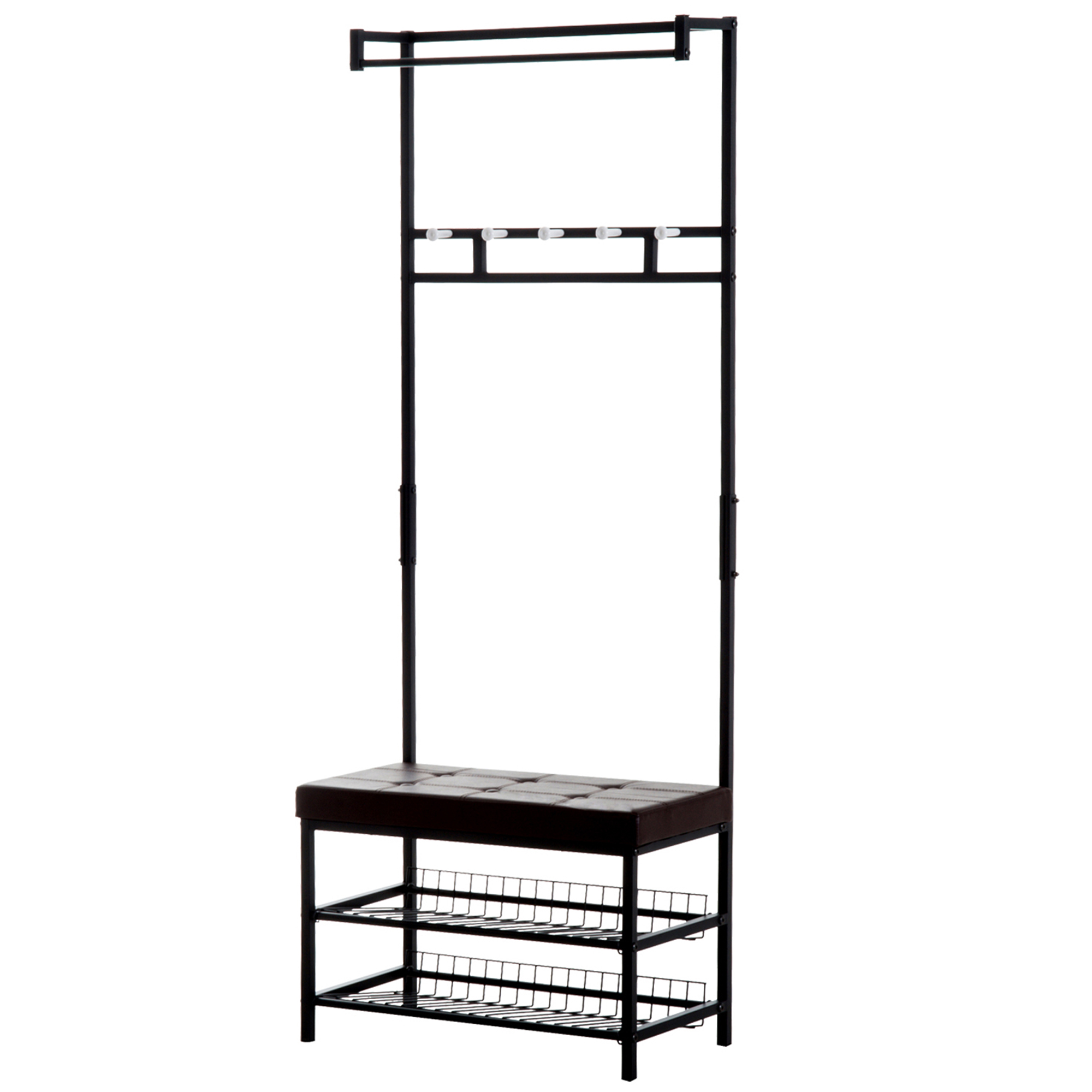 HOMCOM Porte-Manteau Vestiaire d'Entrée Banc Intégré 2 Étagères 5 Patères + Barre de Penderie Métal Noir  Chocolat aosom france