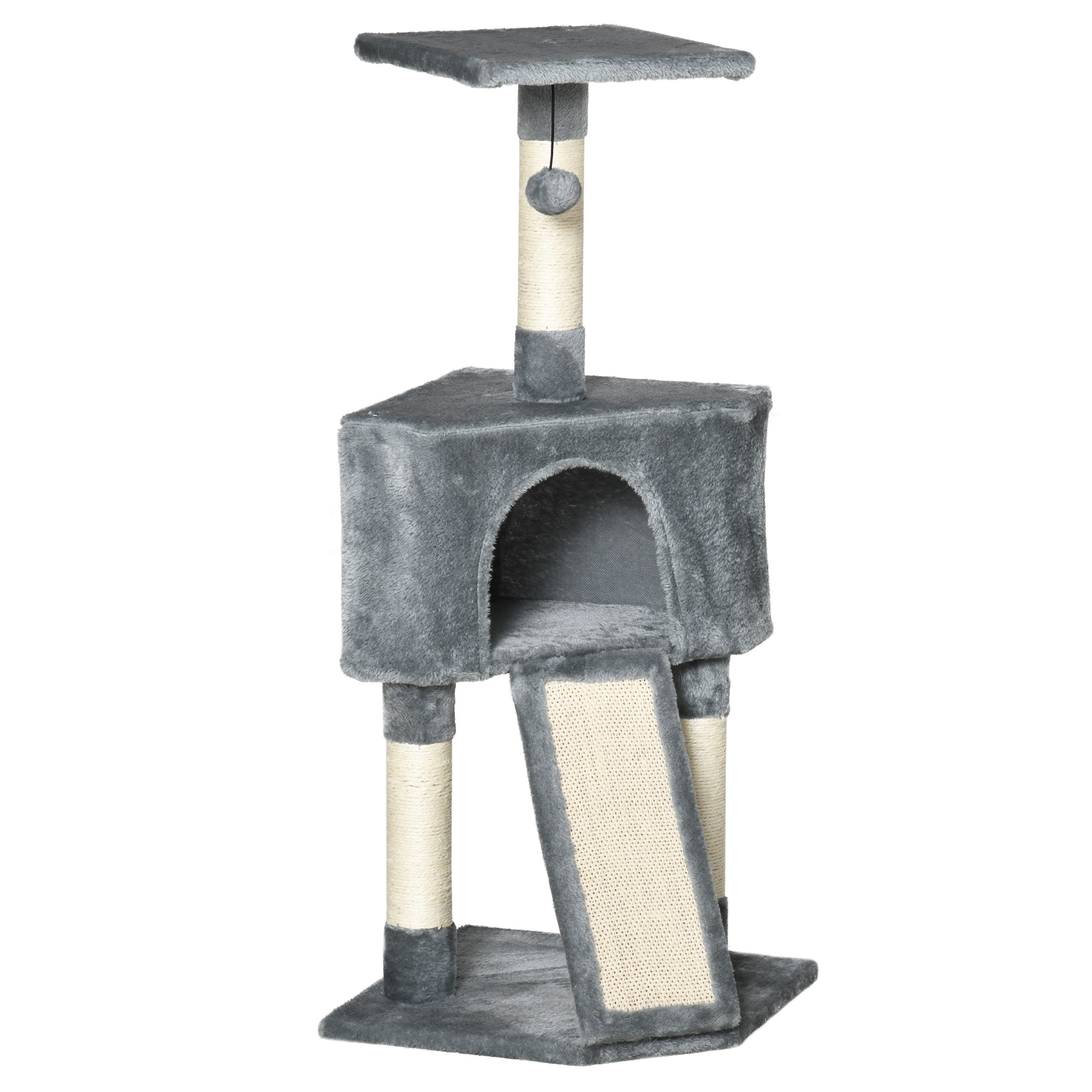 PawHut Cats 3-Tier Sisal Rope Scratching Post w/ Dangle Toy Grey   Aosom UK