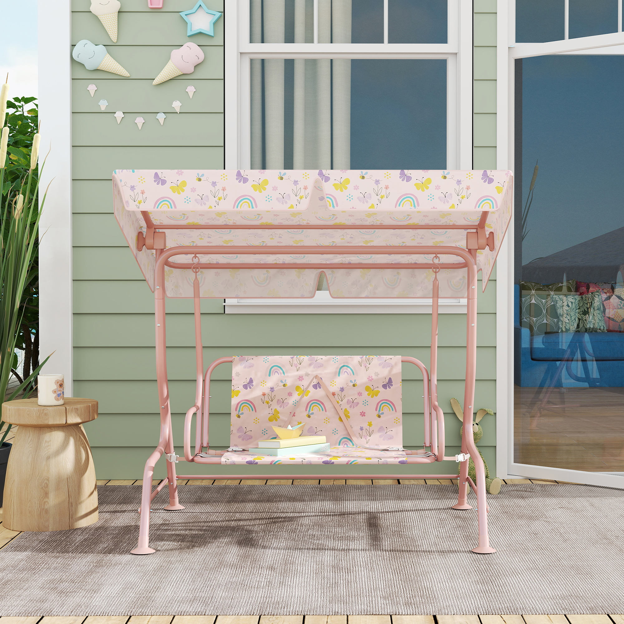 AIYAPLAY Kids Garden Swing Chair with Adjustable Canopy, Safety Belt, 2 Seater Hammock Swing Bench for Patio, Porch, Pink 8