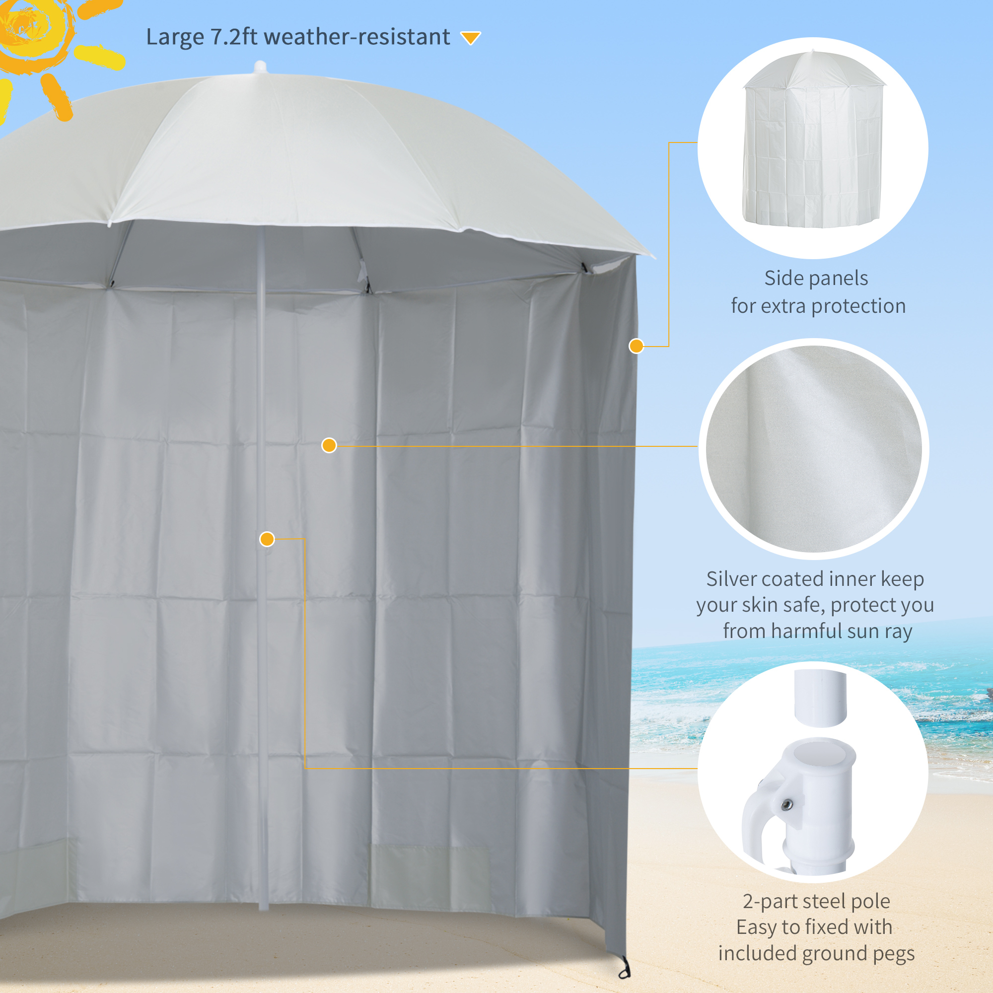 Outsunny 88" Arc 2.2M Fishing Umbrella Beach Parasol with Sides Brolly Shelter Canopy Shade with FREE Carry Bag Off-White 5