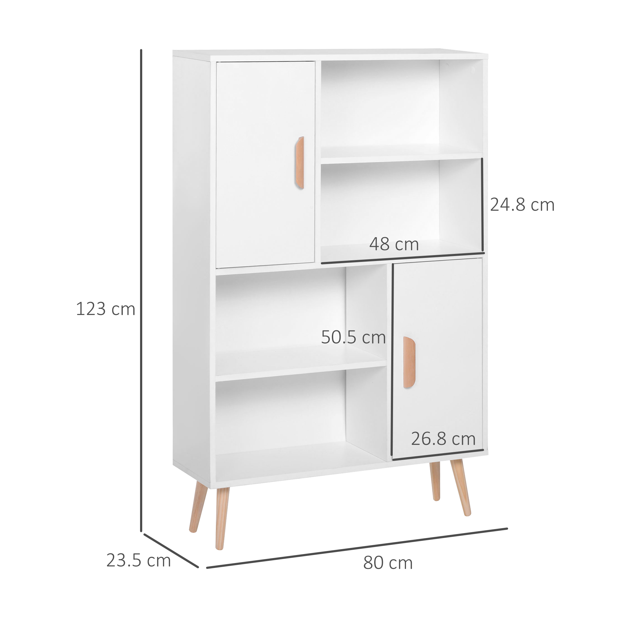 HOMCOM Sideboard Bookshelf Free Standing Bookcase Shelves Unit Display Storage Cabinet w/ Adjustable Shelves, Wooden Leg, Two Doors, White 3