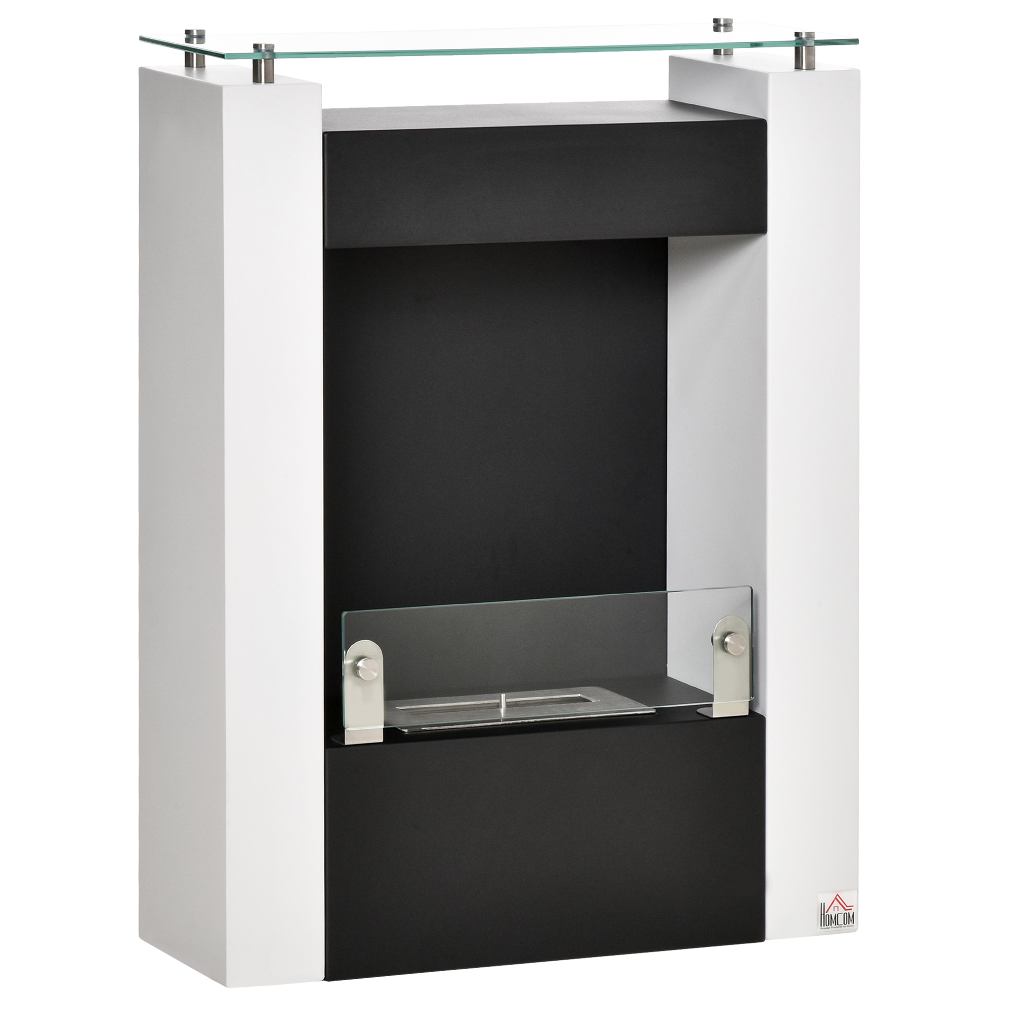 HOMCOM Ethanol-Kamin Bio-Ethanol-Brenner 2000W 1,5L 3 Std Brenndauer freistehend aus Stahl Edelstahl gehärtetes Glas in Weiß und Schwarz 60x20x79cm Aosom.de