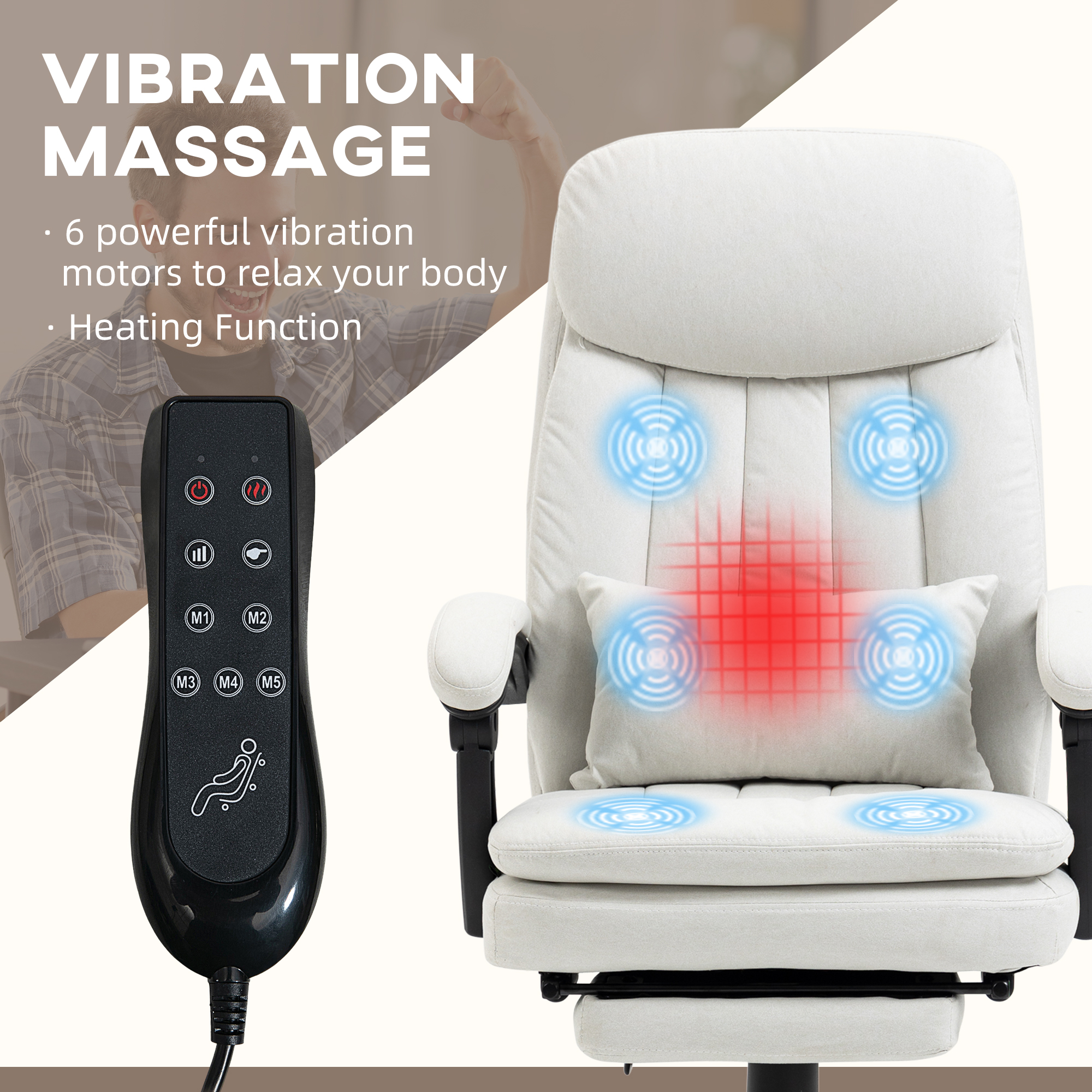 Vinsetto Office Chair, Ergonomic Desk Chair with 6-Point Vibration Massage and Lumbar Heating, Computer Chair with Lumbar Support Pillow, 155° Reclining Back and Footrest, Cream White 4