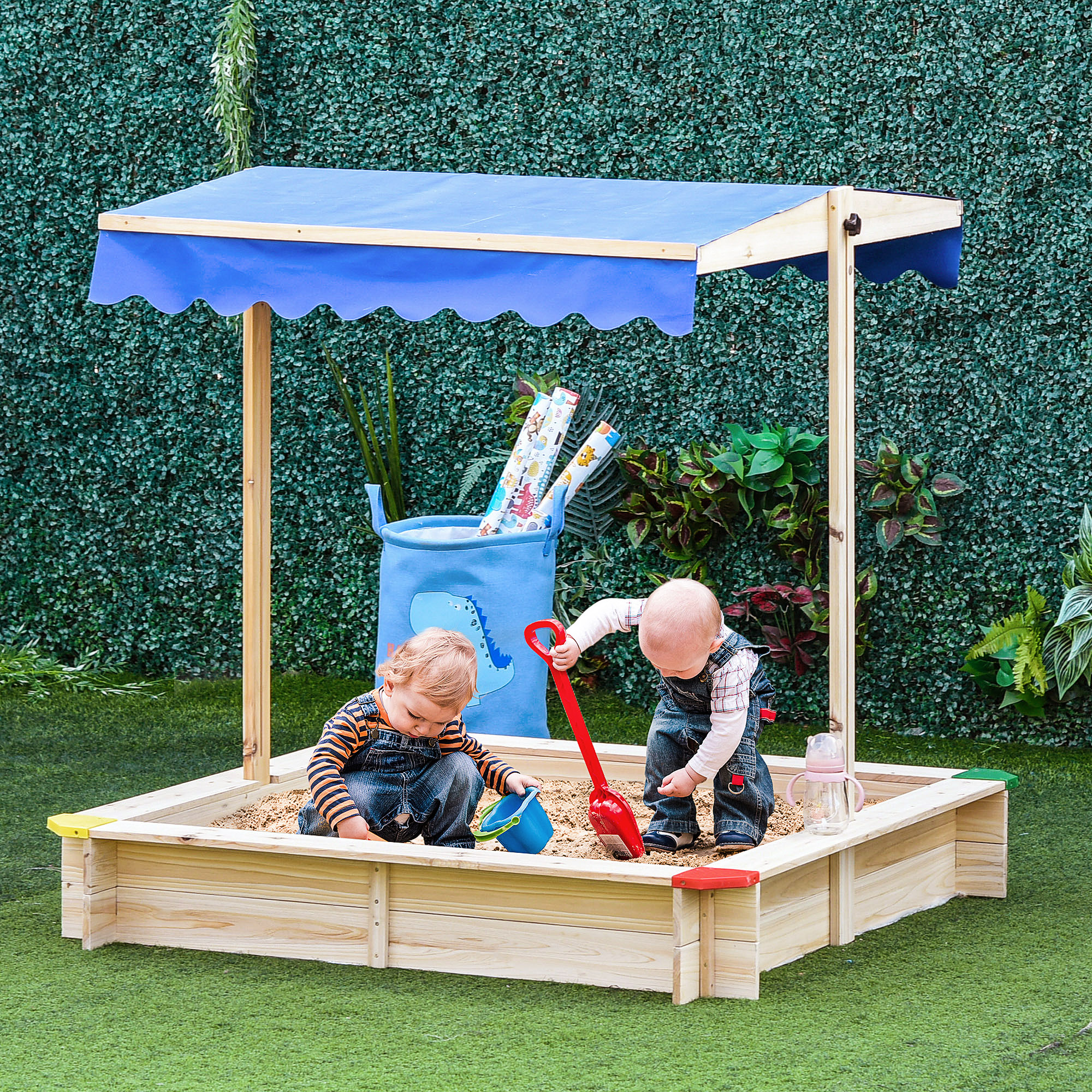 Bac à Sable Outsunny Bois Carré 1,18 M – Toit Réglable Et Refermable – 2 Bacs Inclus – Pour 4 Enfants (3-8 Ans) – Sapin Autoclave