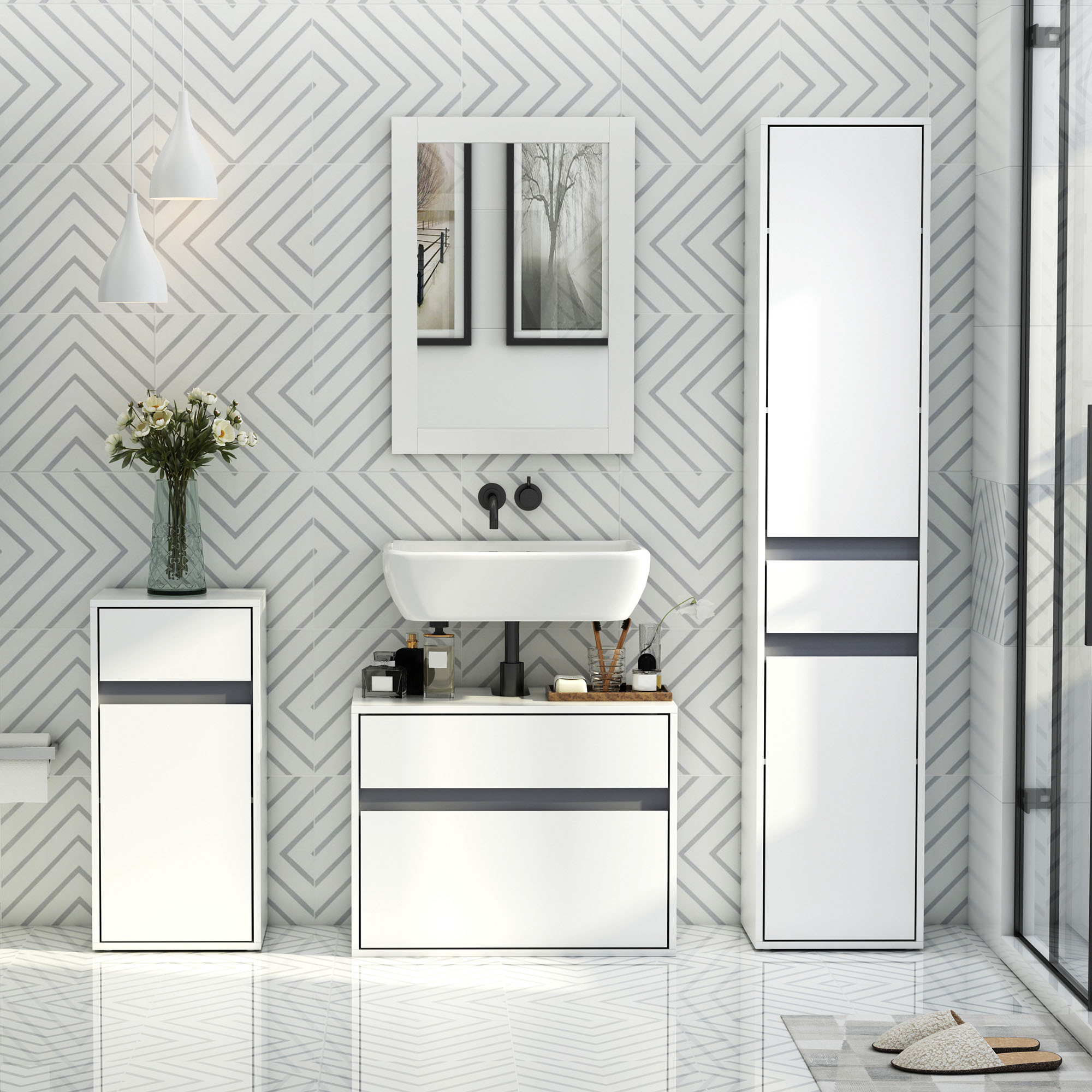 HOMCOM MDF Tri-Compartment Bathroom Storage Cabinet White 2