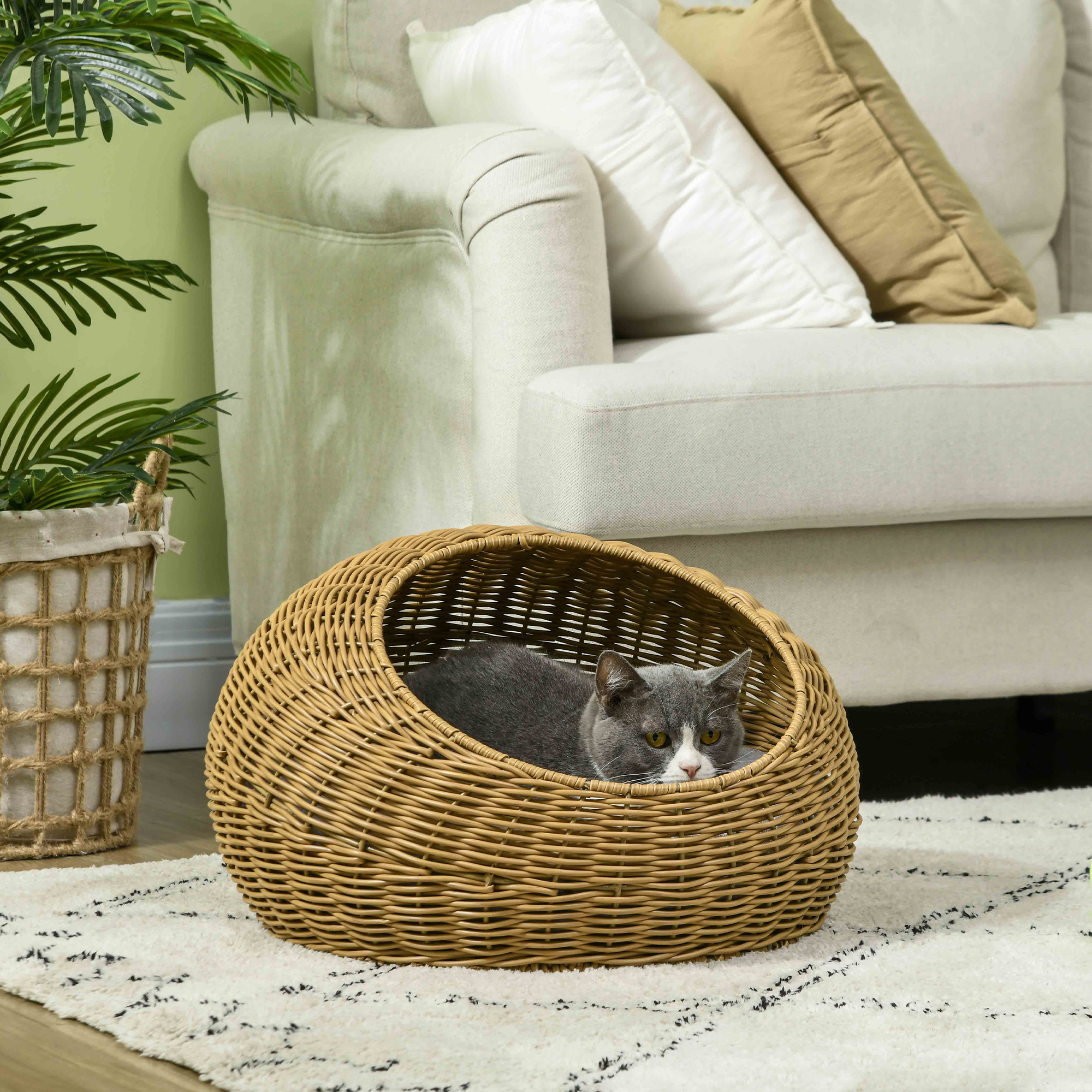 PawHut Wicker Cat House with Washable Cushion for Indoor Cats, Light Brown 2