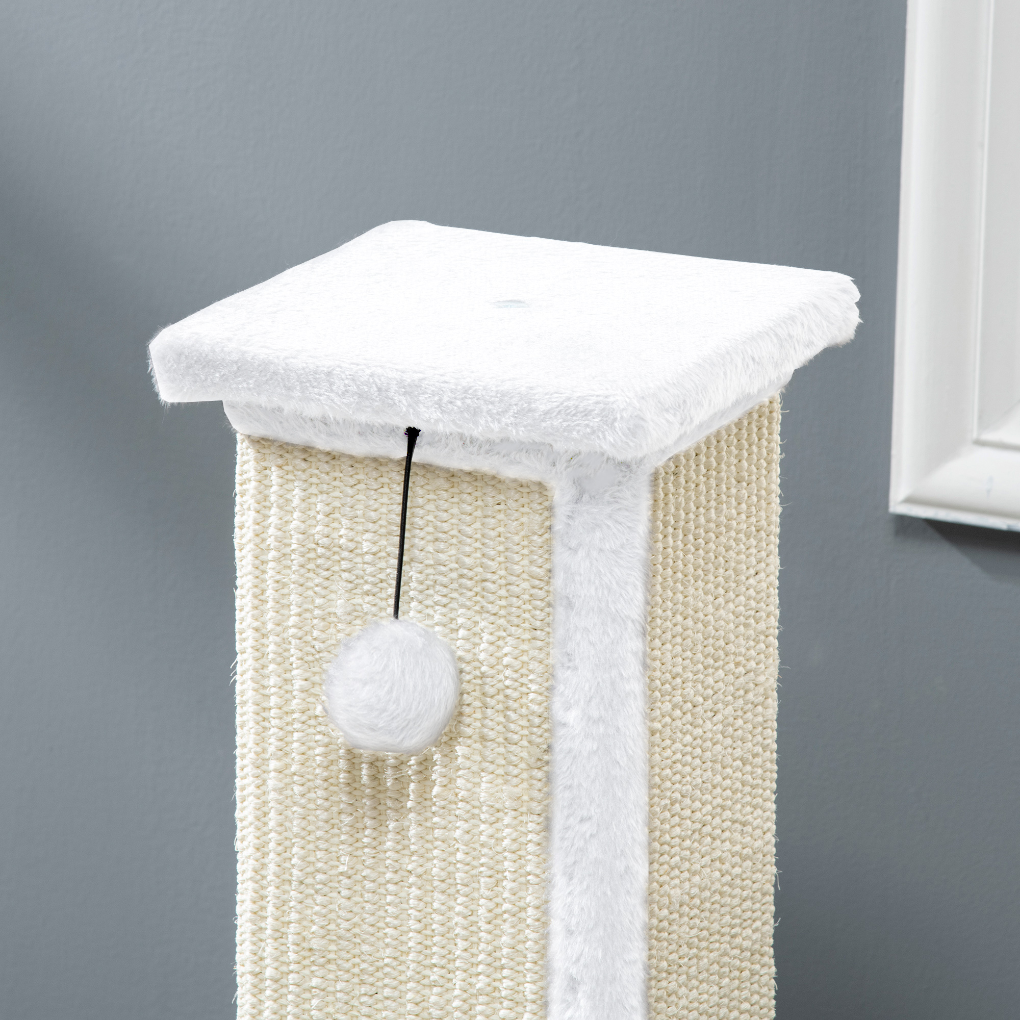 PawHut 81cm Cat Scratcher, Vertical Full Scratcher w/ Natural Sisal Rope, Hanging Ball, Soft Plush White 7