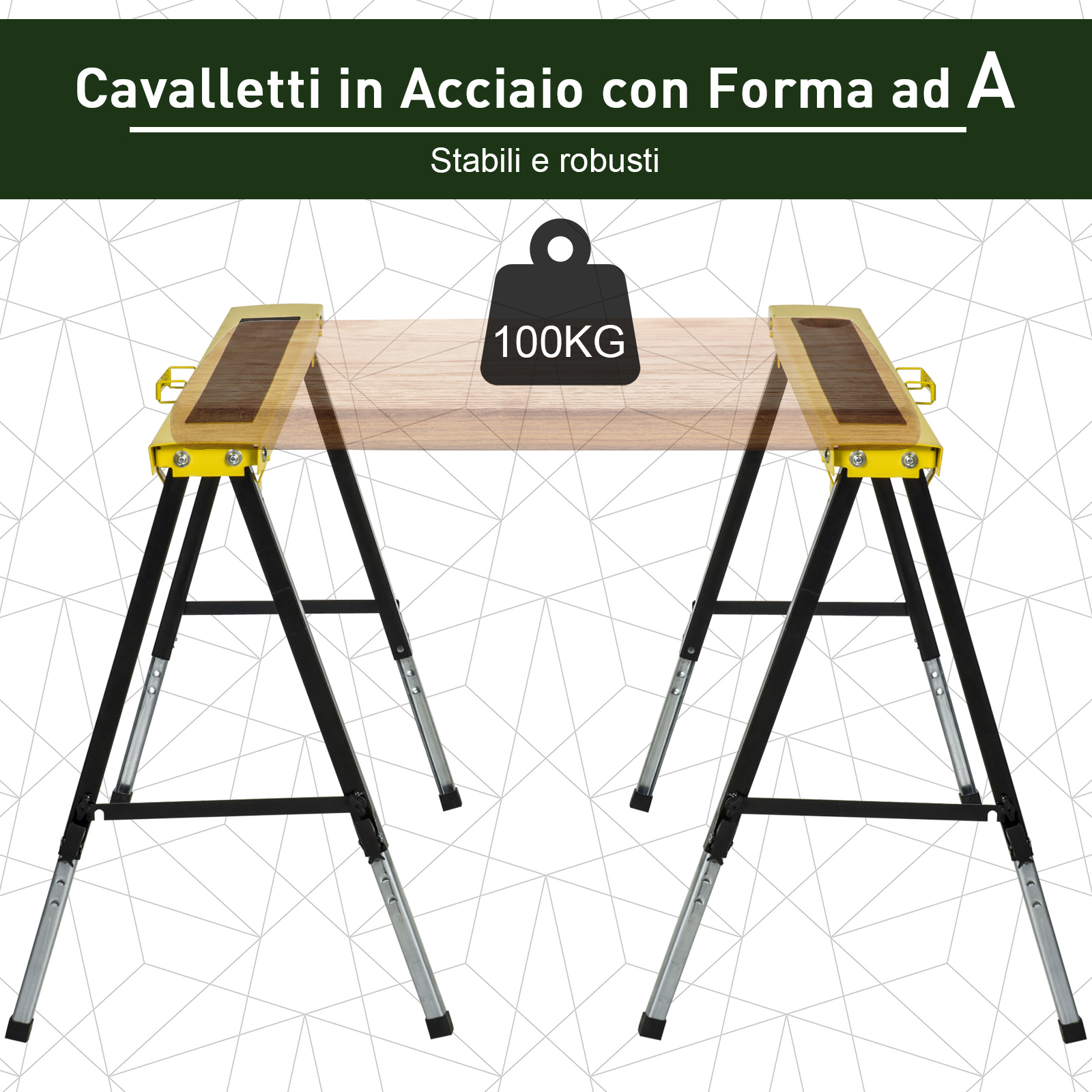 Set Di 2 Cavalletti Da Lavoro Pieghevoli DURHAND - Regolabili In Altezza (62-90cm), Portatili, Con Piano Antiscivolo - Carico 100kg Ciascuno, Giallo/Nero - Foto 12