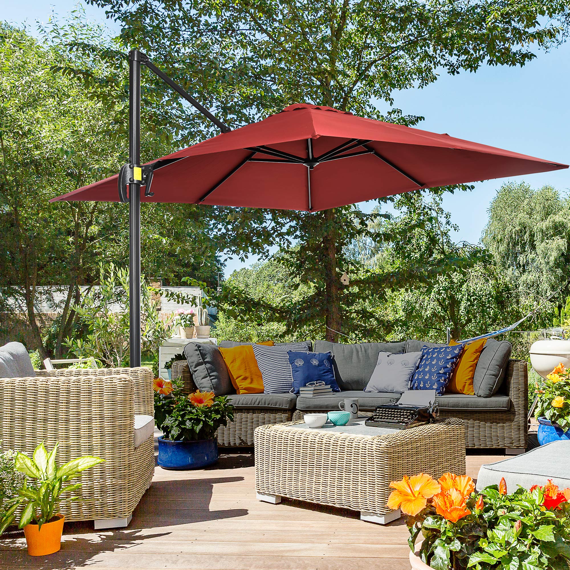 Outsunny 2.5 x 2.5m Patio Offset Parasol Umbrella Cantilever Hanging Aluminium Sun Shade Canopy Shelter 360° Rotation with Crank Handle and Cross Base, Wine Red 2