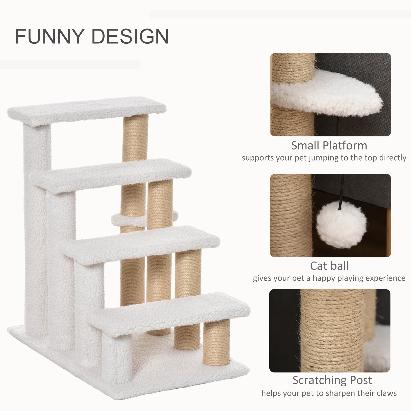 PawHut Pet Stair with 4-step Climb Ladder, Scratching Posts, Platforms, Toy Ball, for Indoor Elderly Cats Kittens, White 5