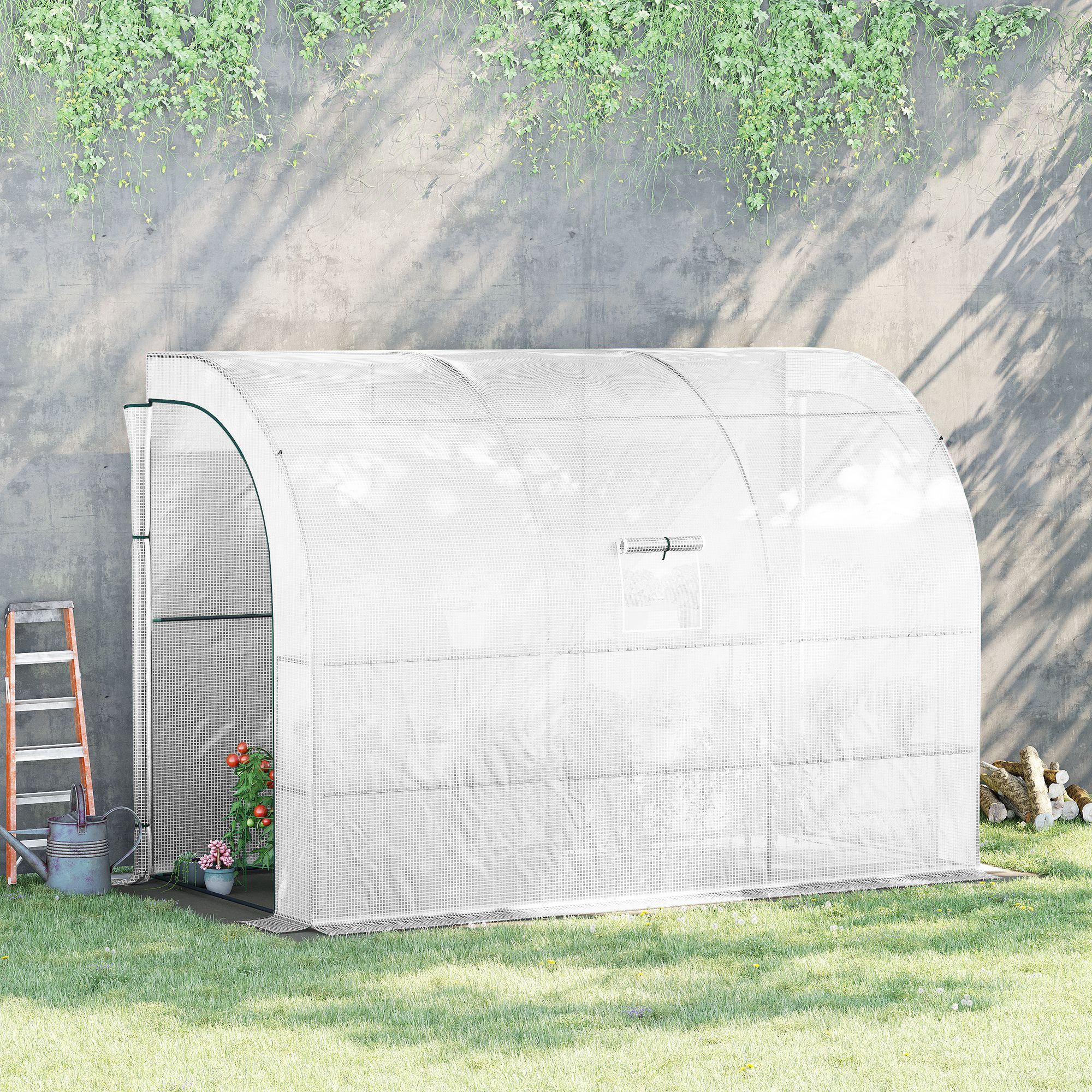 Outsunny Outdoor Walk-In Greenhouse, Plant Nursery with Zippered Doors, PE Cover and 3-Tier Shelves, White, 300 x 150 x 213 cm 2