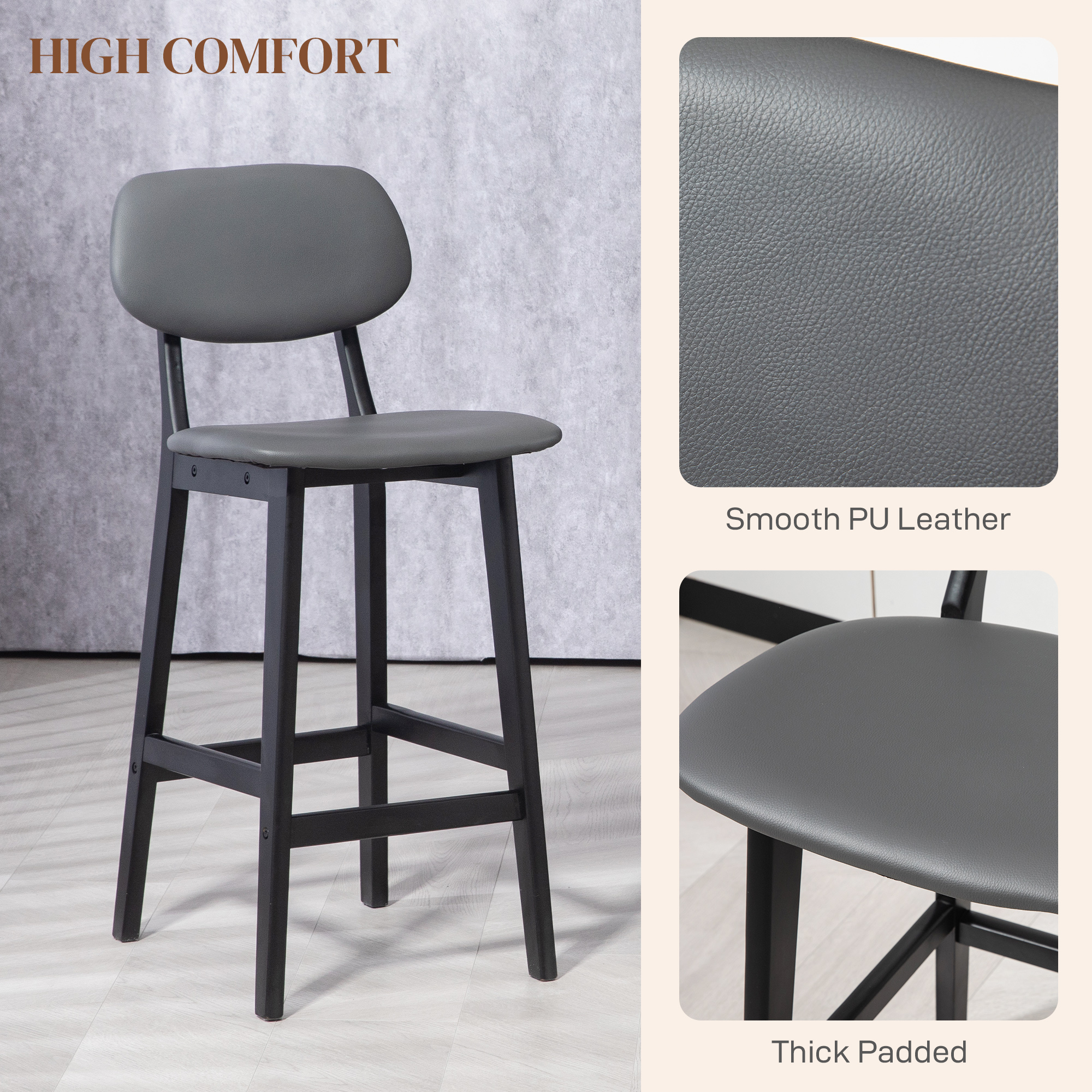 HOMCOM Bar Stools Set of 2, Breakfast Bar Chairs, PU Leather Upholstered Kitchen Stools with Backs, Footrests and Solid Wood Legs, Dark Grey 5