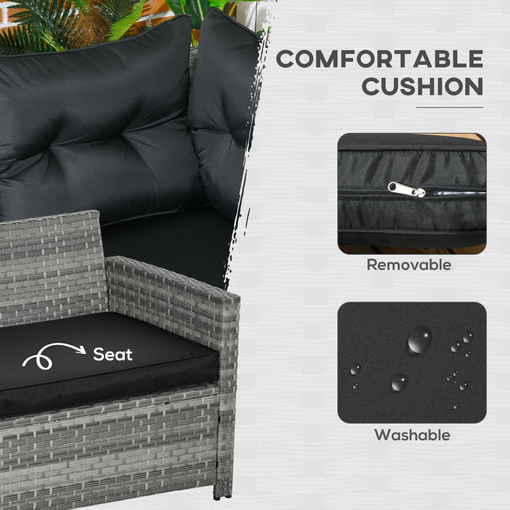 Outsunny 5-Piece Rattan Patio Furniture Set with Corner Sofa, Footstools, Glass Coffee Table, Cushions, Mixed Grey 5