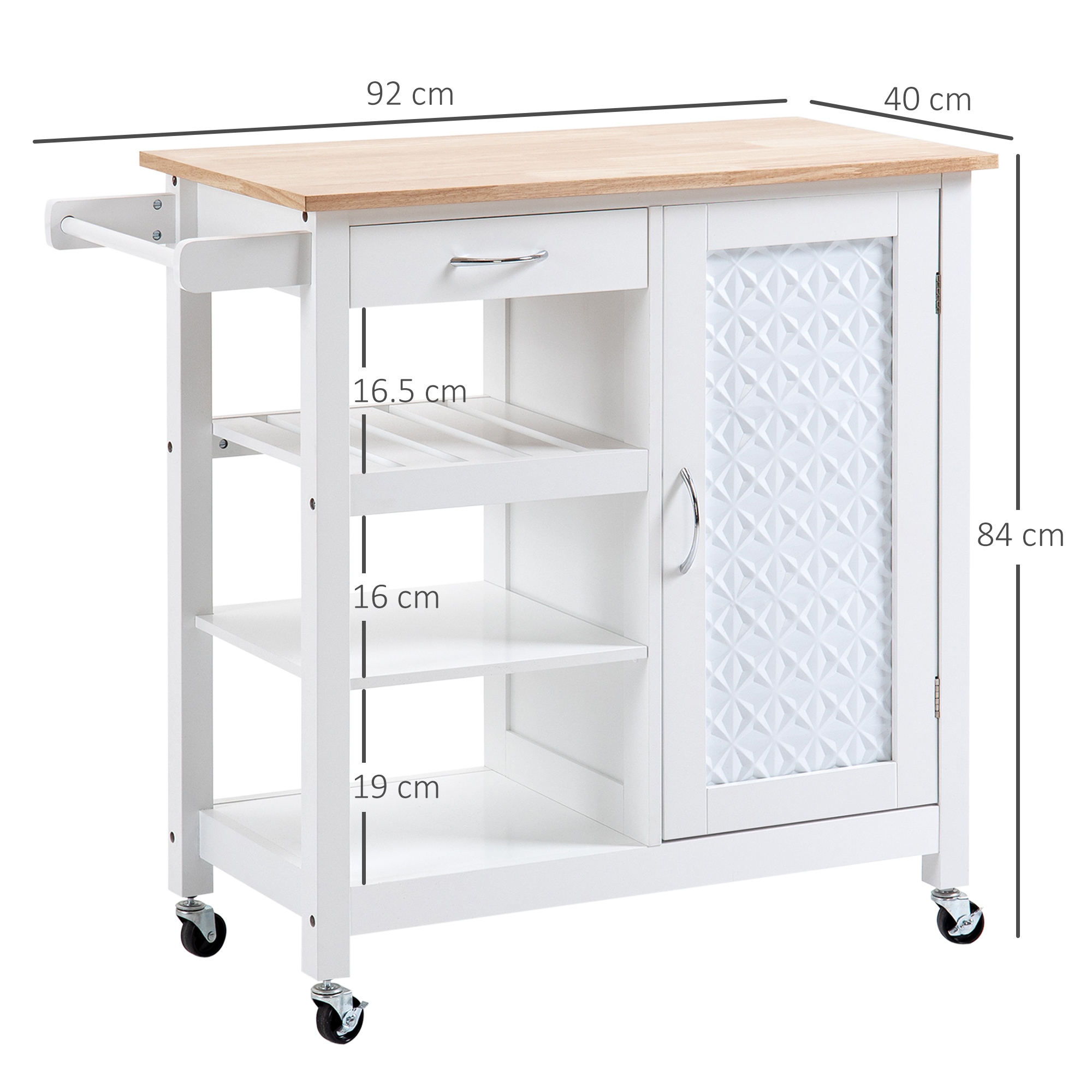 HOMCOM Kitchen Trolley, Kitchen Island on Wheels with Embossed Door Panel, Utility Kitchen Cart with 3 Storage Shelves, White 3