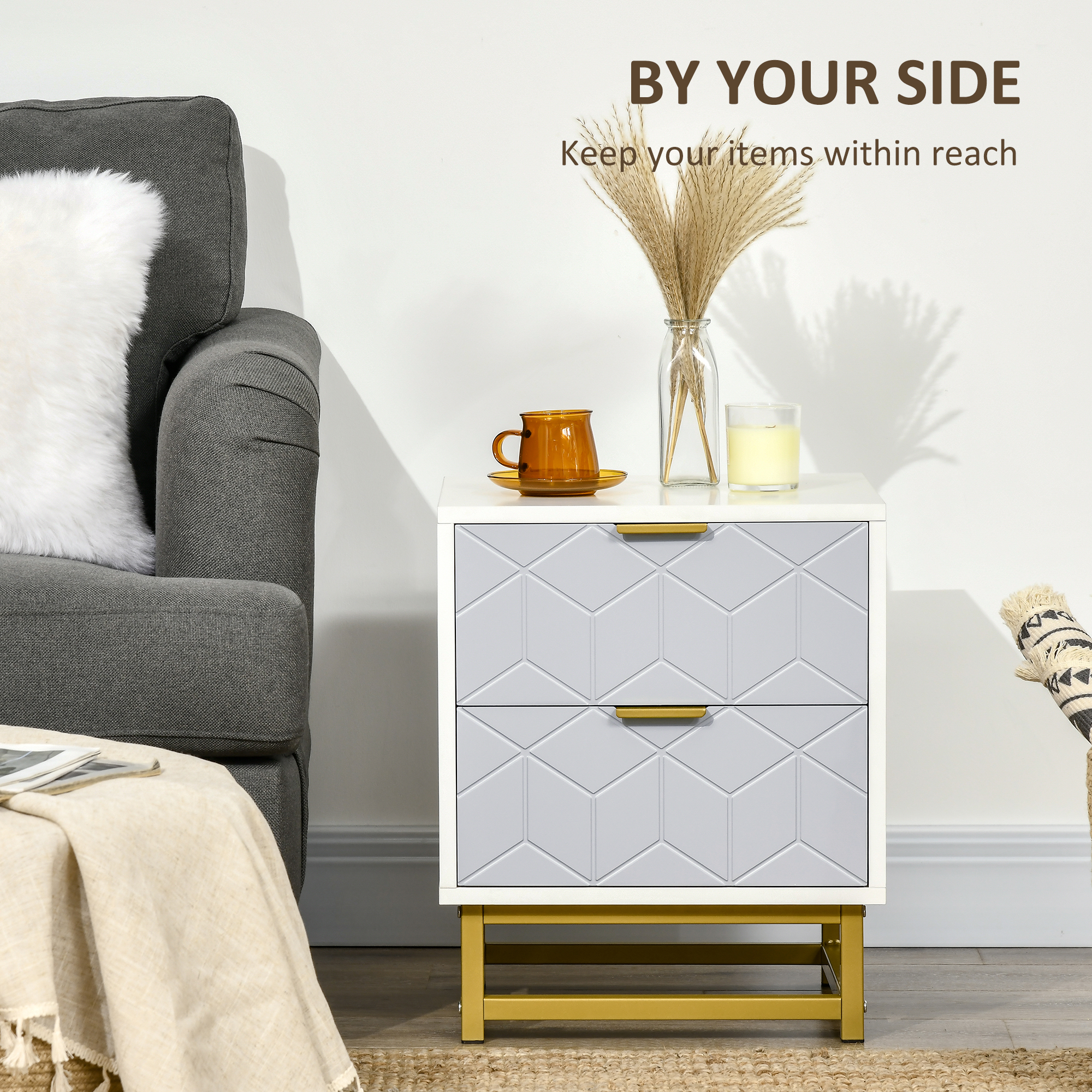HOMCOM Bedside Table with 2 Drawers, Side Table, Bedside Cabinet with Steel Frame for Living Room, Bedroom, Grey and White 4