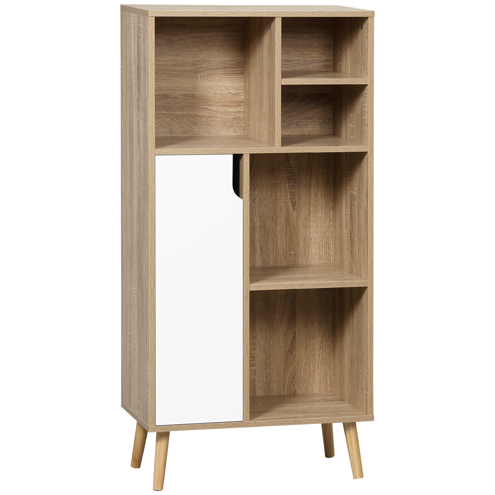 HOMCOM Mueble Aparador Alto Armario Auxiliar con 5 Compartimentos y 1 Puerta Multiusos para Comedor 60x30x121 cm Roble y Blanco   Aosom España