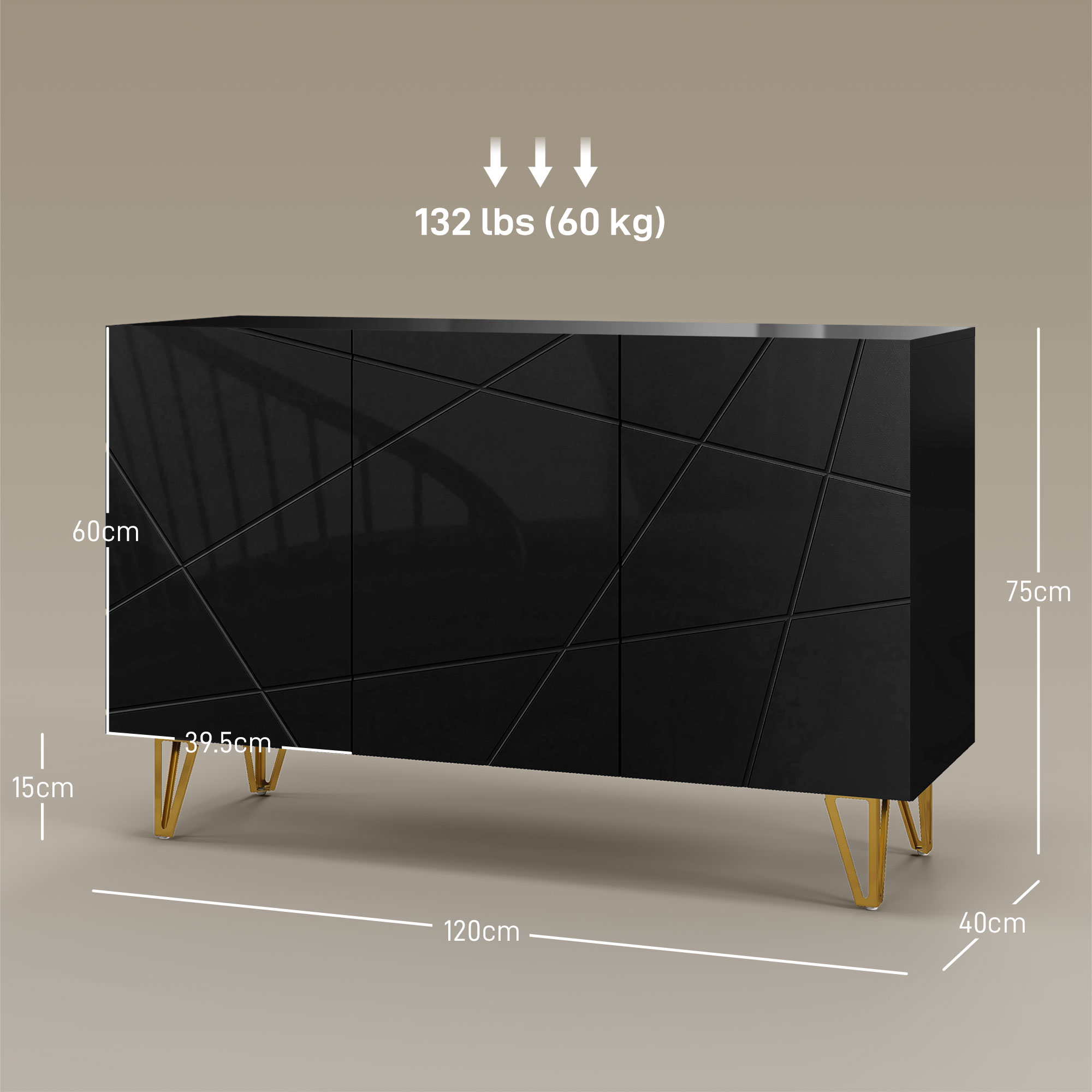 HOMCOM Modern Luxe High Gloss Sideboard, with Hairpin Legs Black 3