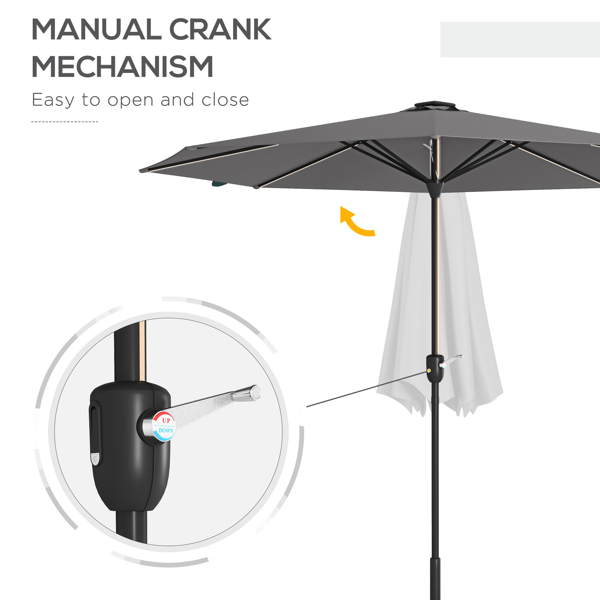 Outsunny 2.65m Garden Parasol, with LED Lights Dark Grey 6