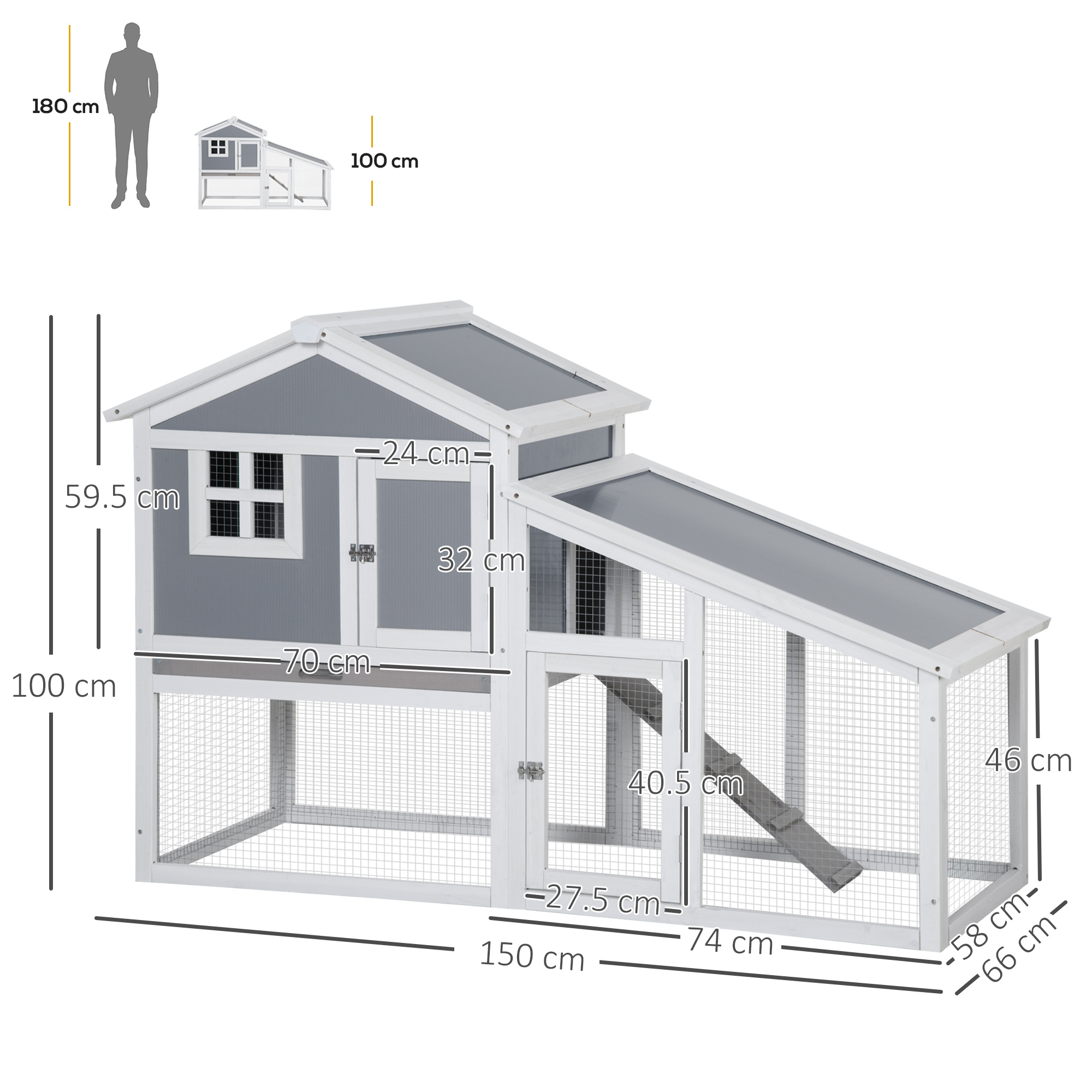 PawHut Two-Tier Rabbit Hutch, with Sunlight Panel Roof, Slide-Out Tray Grey 3